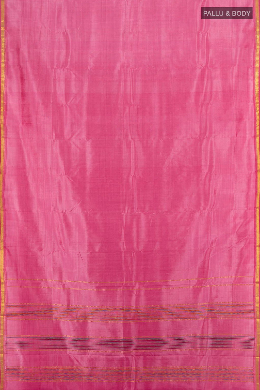 Flat view of Pure Silk Pink Kanchipuram Saree with Plain Body and Zari Border. 