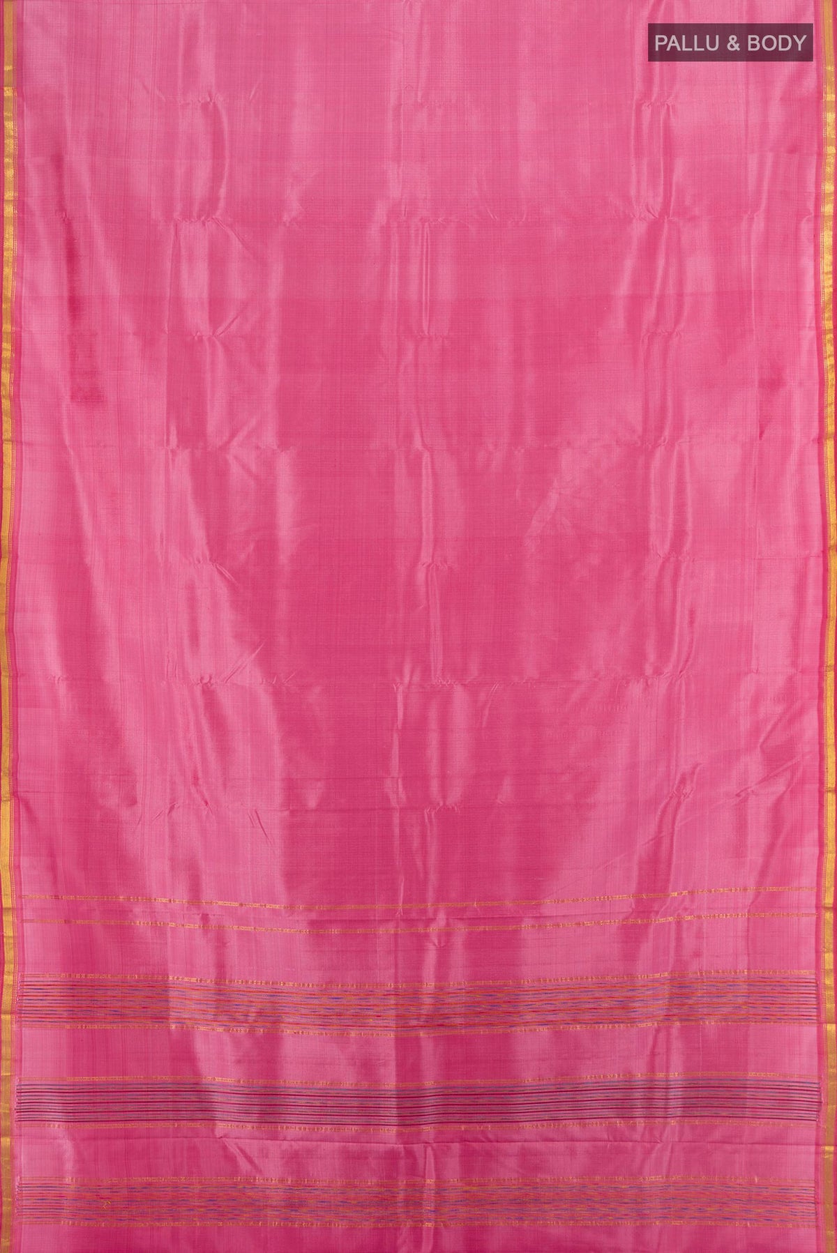 Flat view of Pure Silk Pink Kanchipuram Saree with Plain Body and Zari Border. 