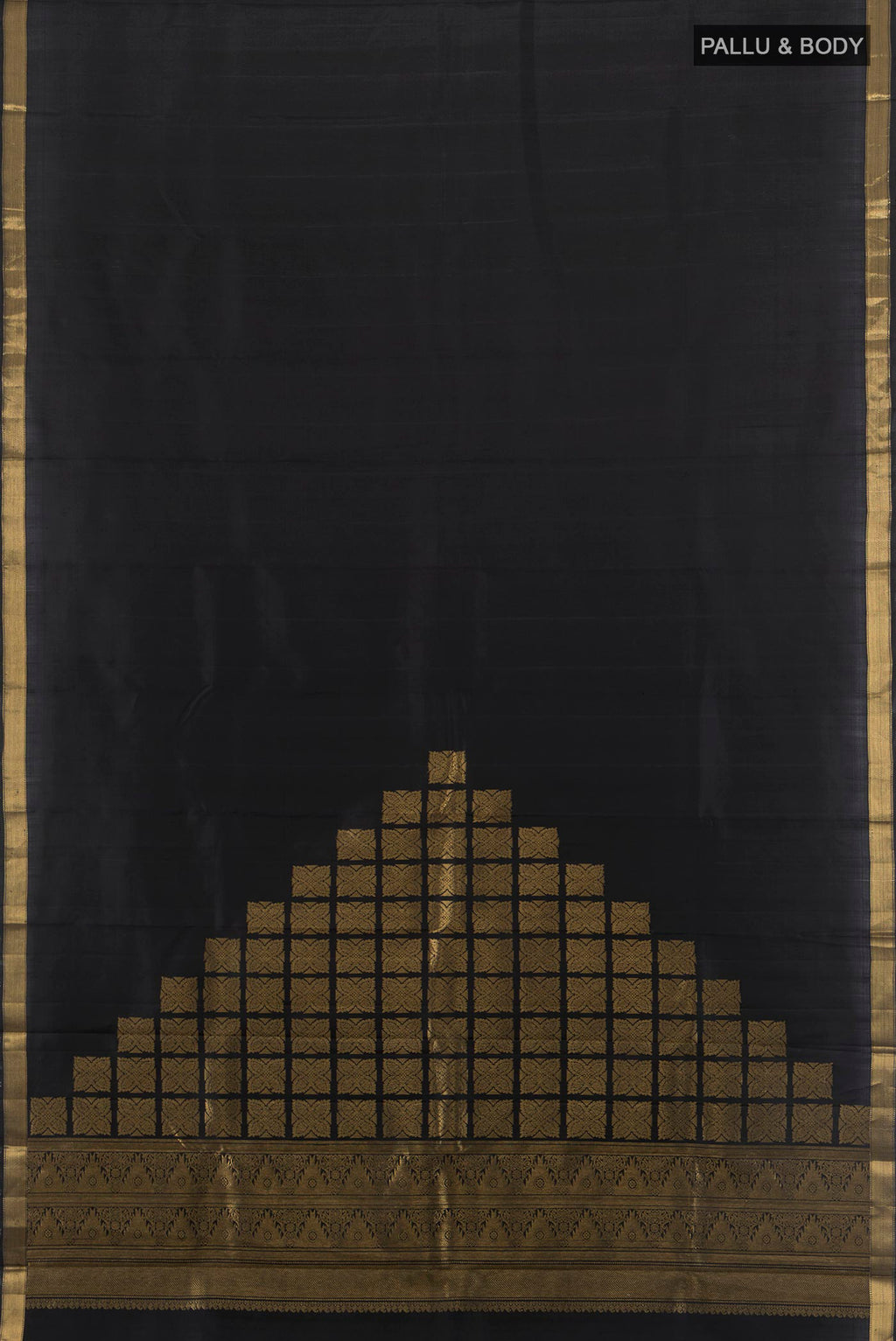 Flat view of Pure Silk Black Kanjivaram Saree with Plain Body and Zari Border. 