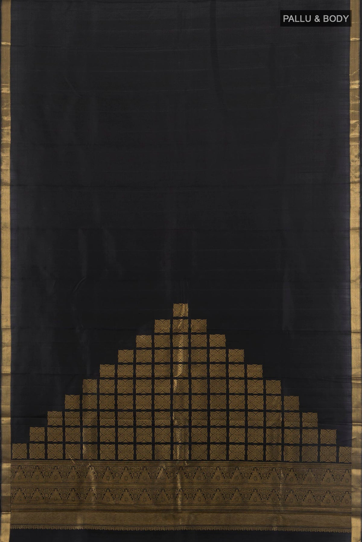 Flat view of Pure Silk Black Kanjivaram Saree with Plain Body and Zari Border. 