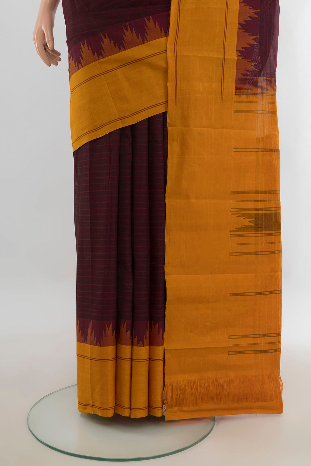 Pleats and pallu of Coffee Brown Kanchi Cotton Saree with Plain Body and Silk Border. 