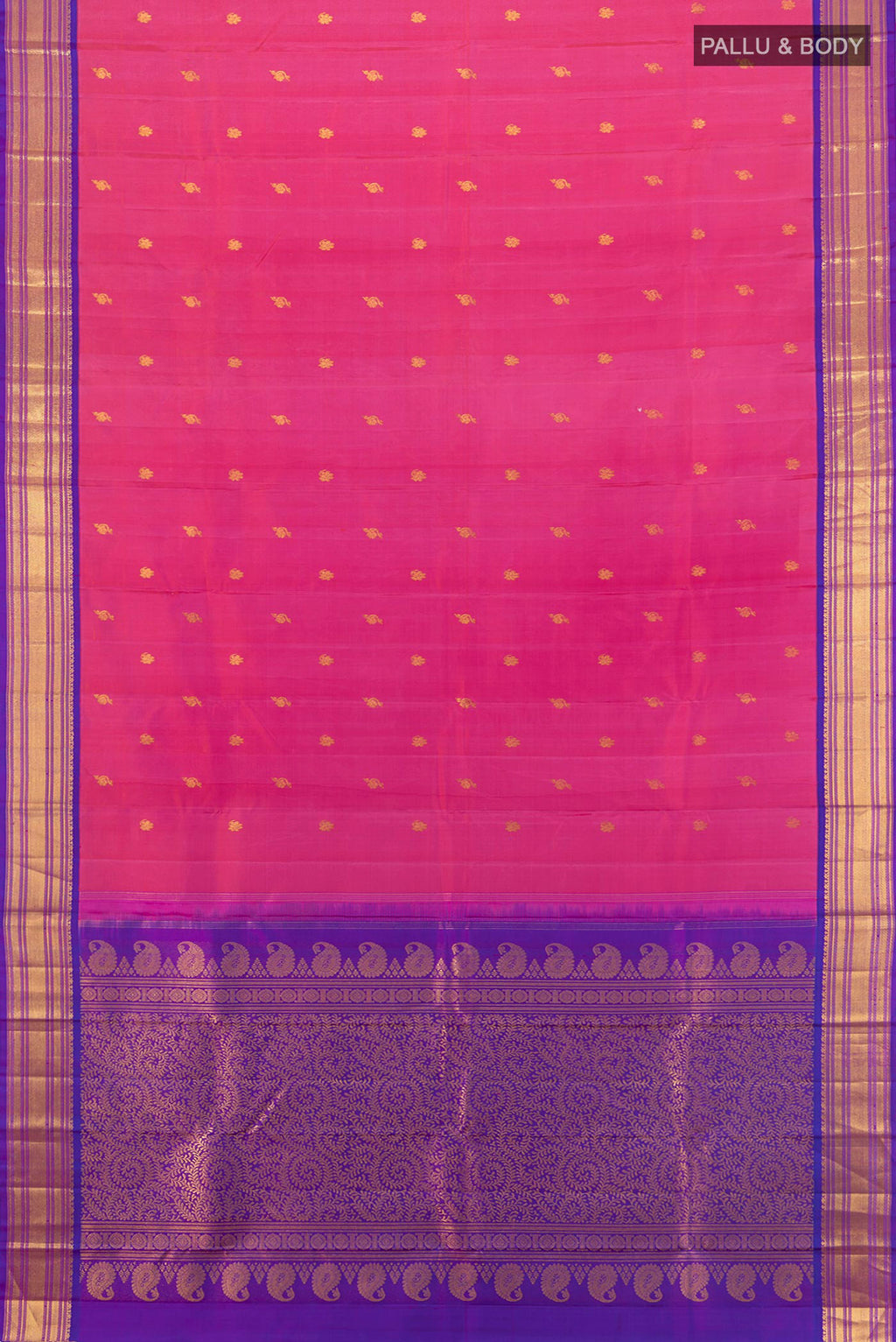 Flat view of Pure Silk Pure Zari Rose pink Kanchipuram Saree with Zari Butta on the body and Zari Border. 