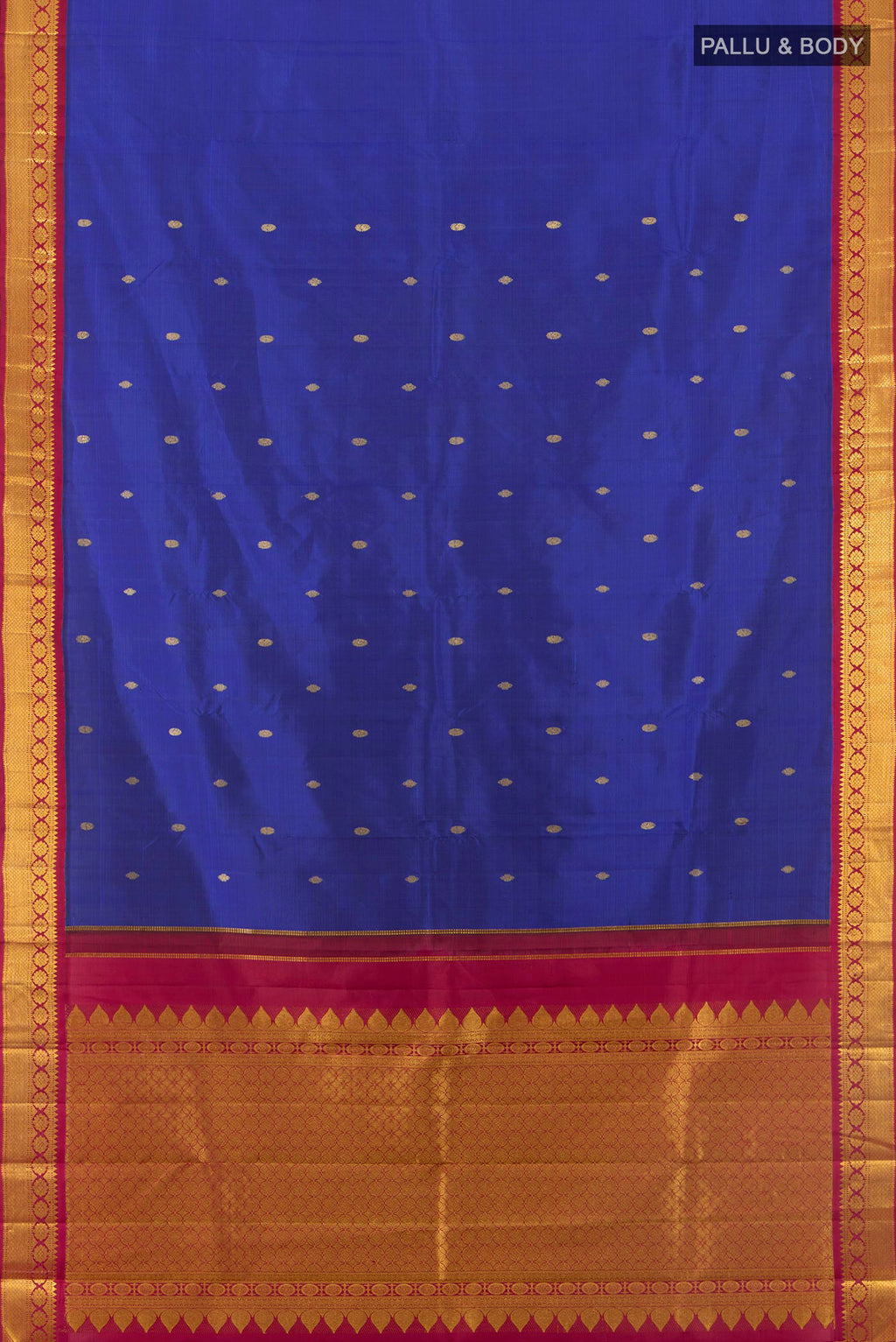Flat view of Pure Silk Dark Blue Kanchipuram Saree with Zari Butta on the body and Zari Border. 