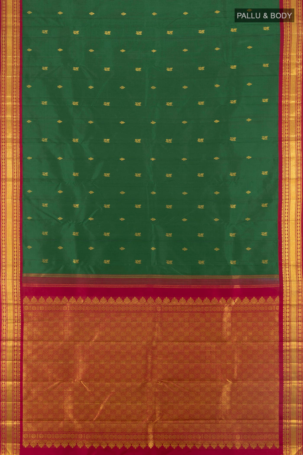 Flat view of Pure Silk Pure Zari Bottle Green Kanchipuram Saree with Zari Butta on the body and Zari Border. 