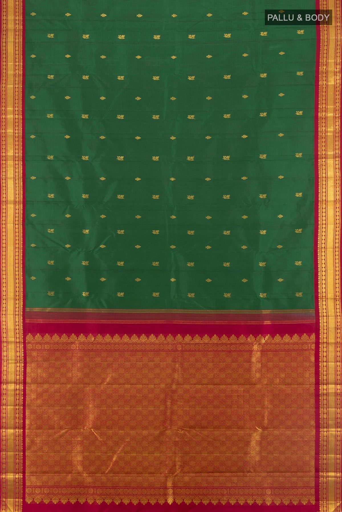 Flat view of Pure Silk Pure Zari Bottle Green Kanchipuram Saree with Zari Butta on the body and Zari Border. 