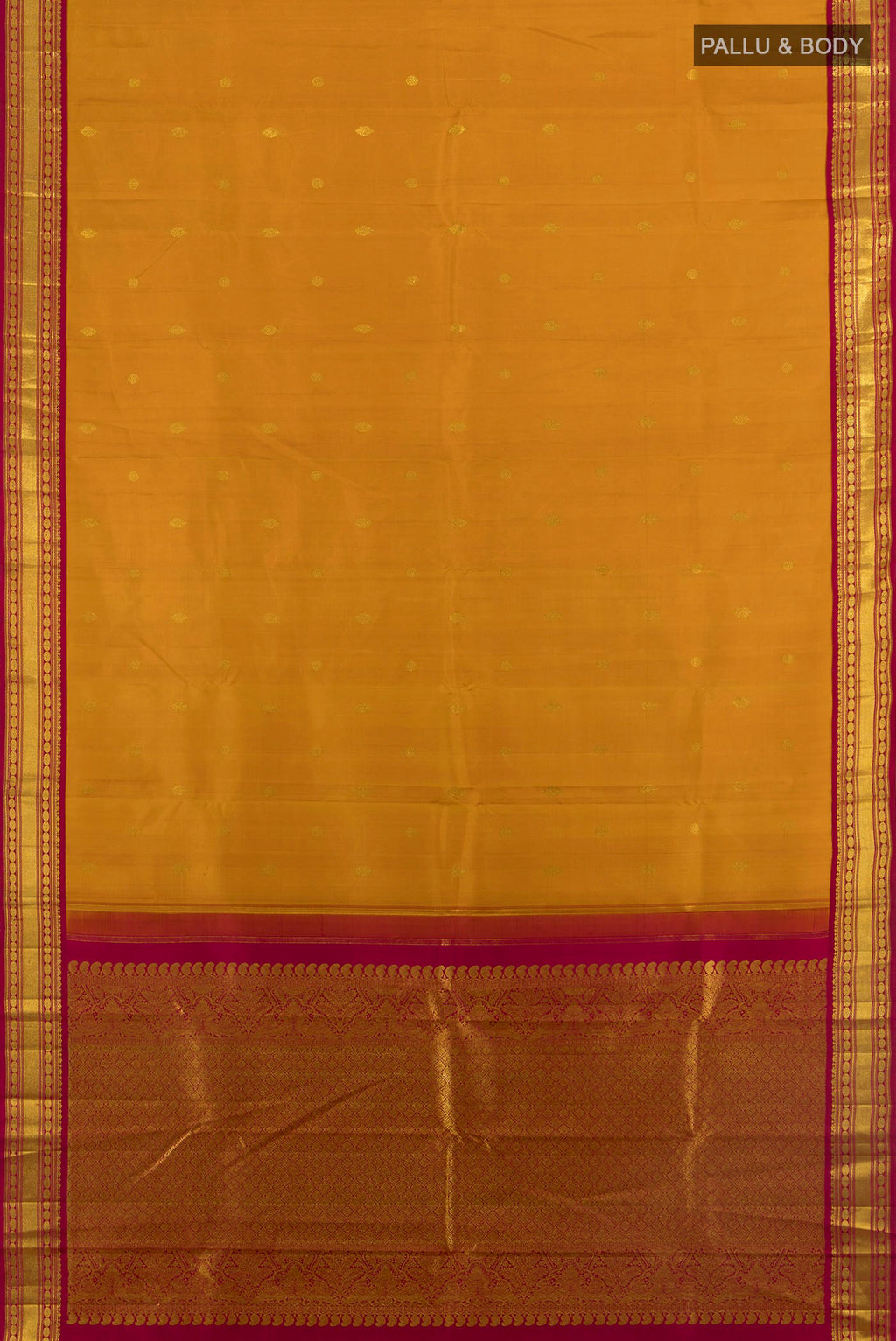Flat view of Pure Silk Pure Zari Mustard Kanchipuram Saree with Zari Butta on the body and Silk Border. 
