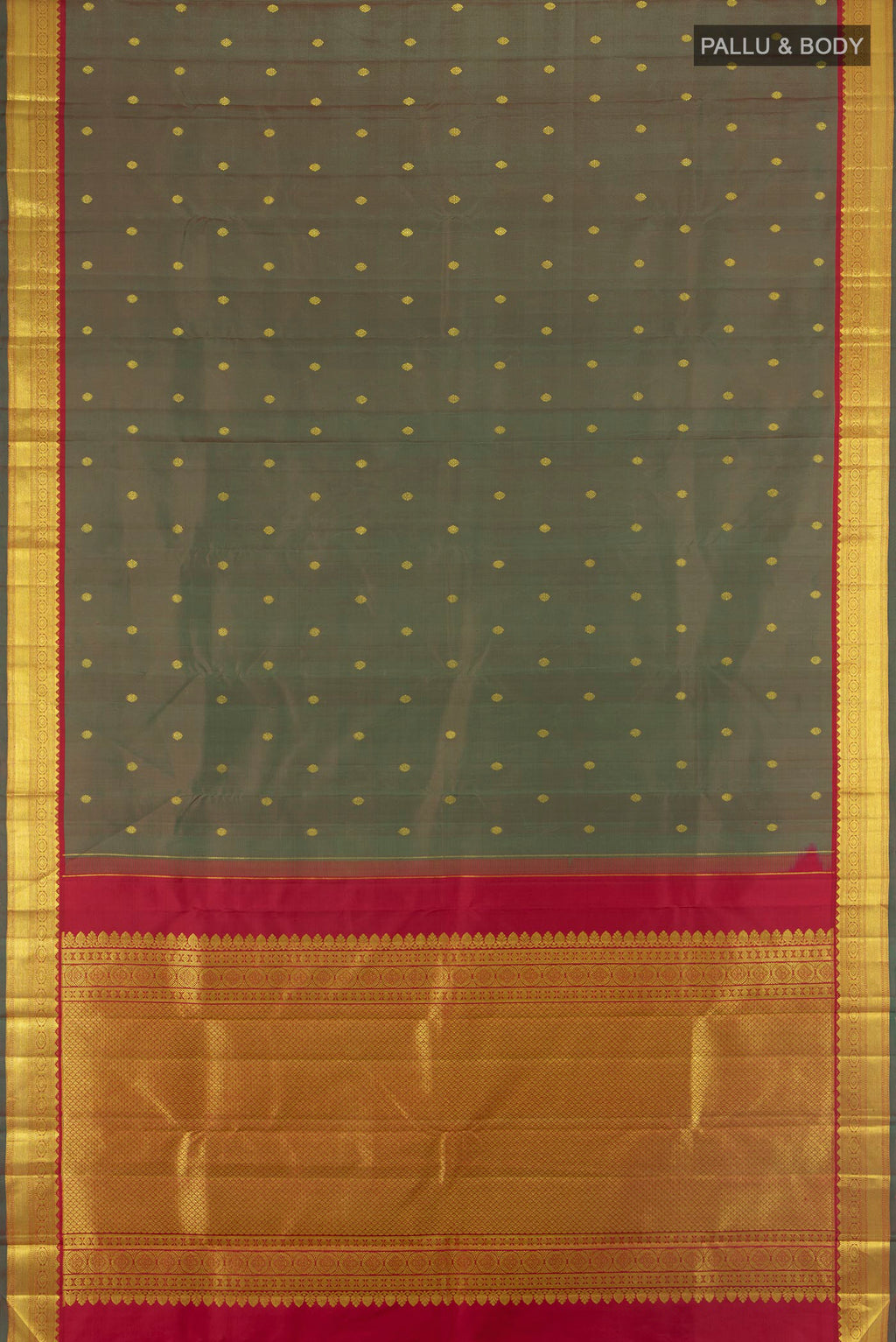 Flat view of Mehandi Green Dual Tone Kanchipuram Silk Saree with Zari Butta on the body and Zari Border. 