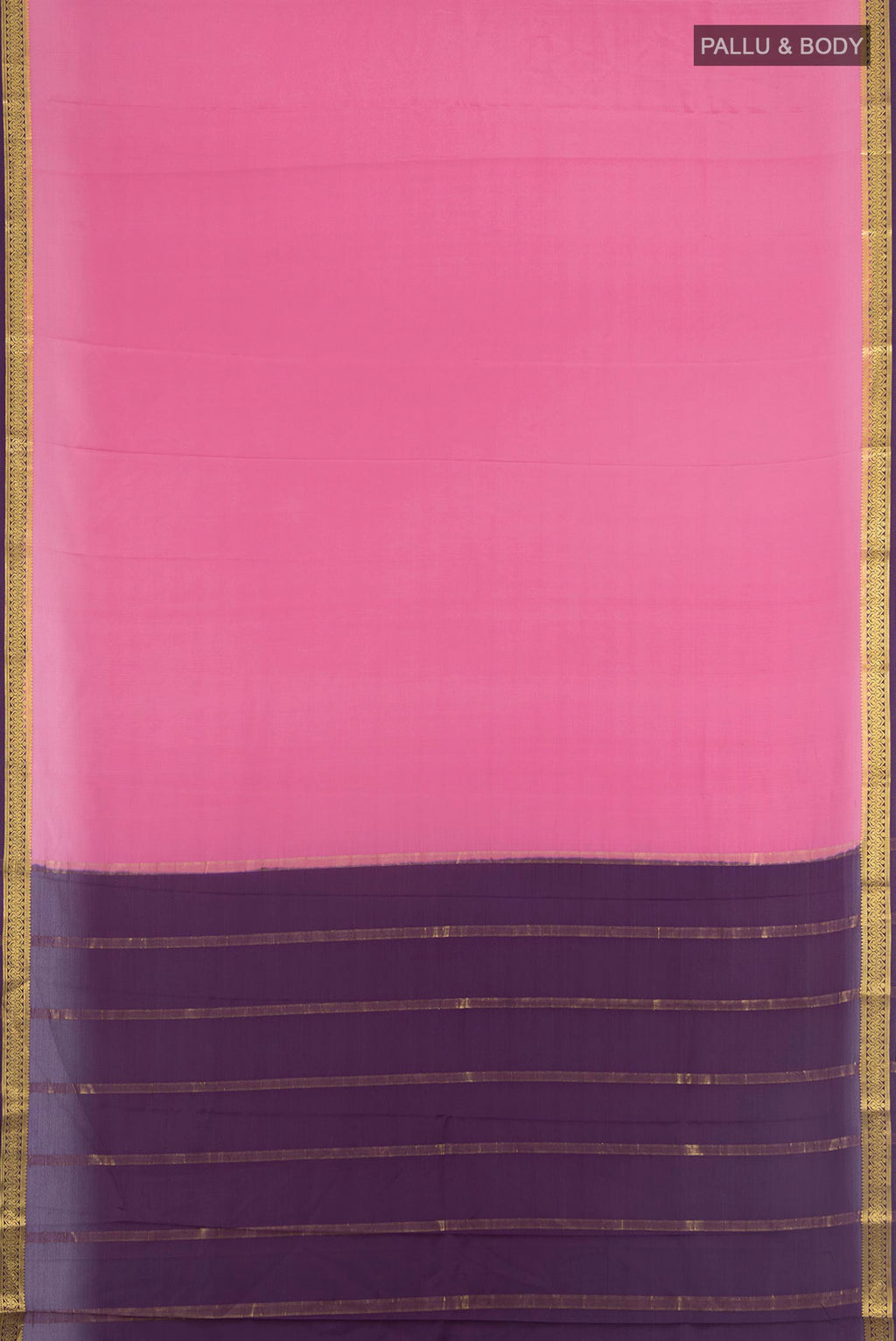 Flat view of Rose pink Mysore Crepe Saree with Plain Body and Zari Border. 