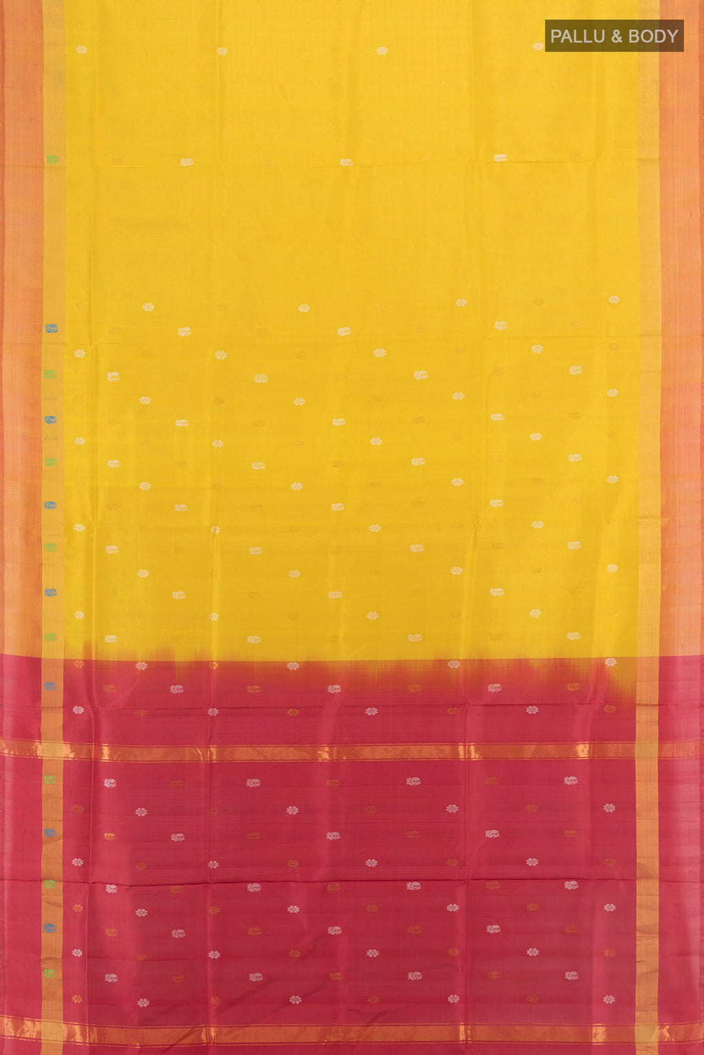 Flat view of Pure Silk Lemon Yellow Uppada Saree with Zari Butta on the body and Zari Border. 