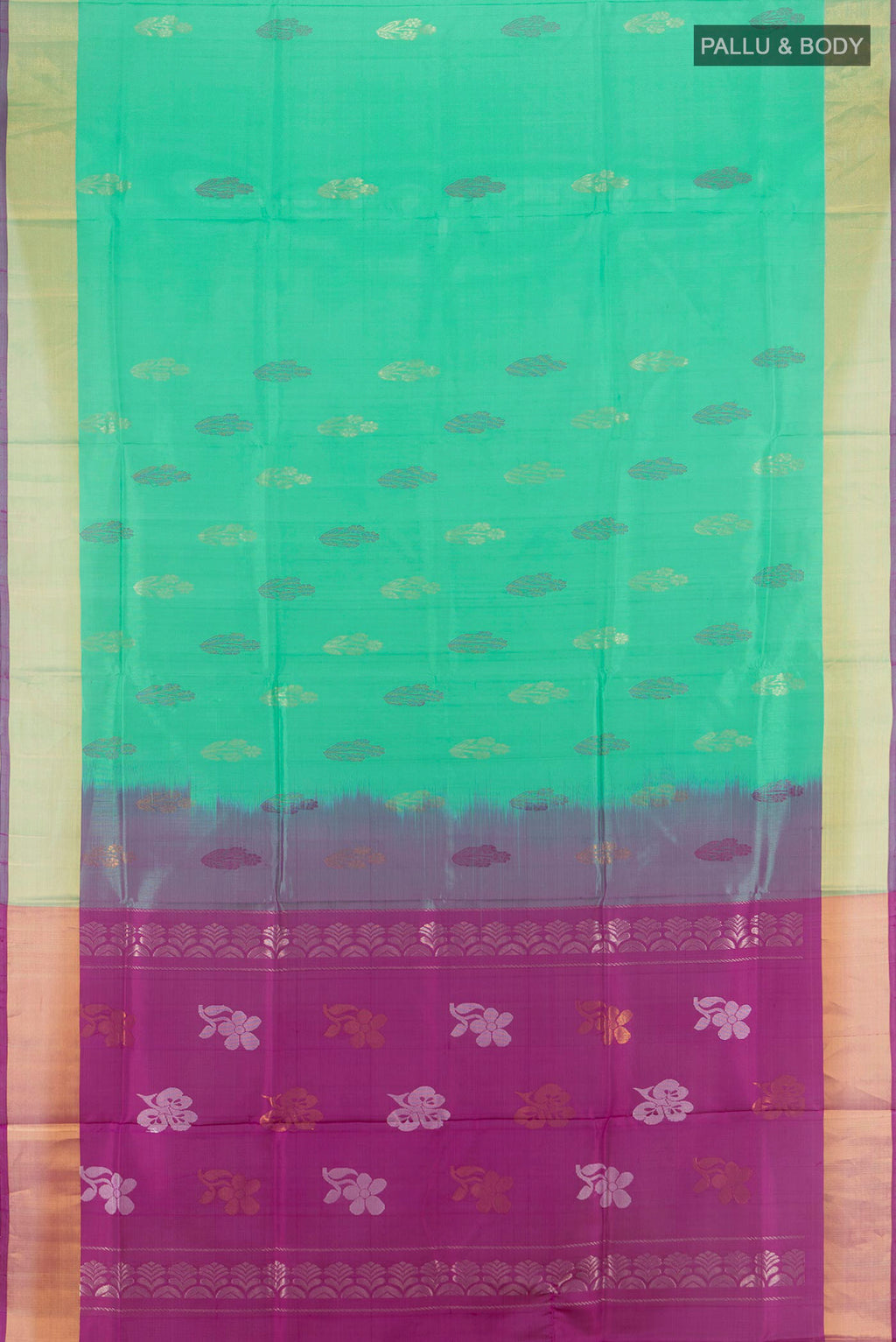 Flat view of Pure Silk Green Uppada Saree with Zari Butta on the body and Zari Border. 