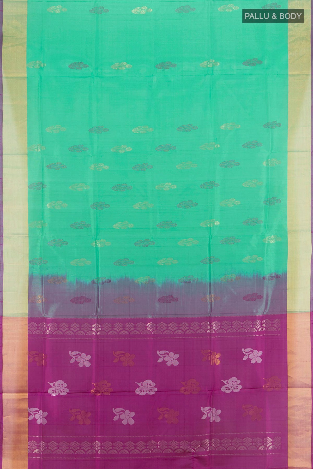 Flat view of Pure Silk Green Uppada Saree with Zari Butta on the body and Zari Border. 