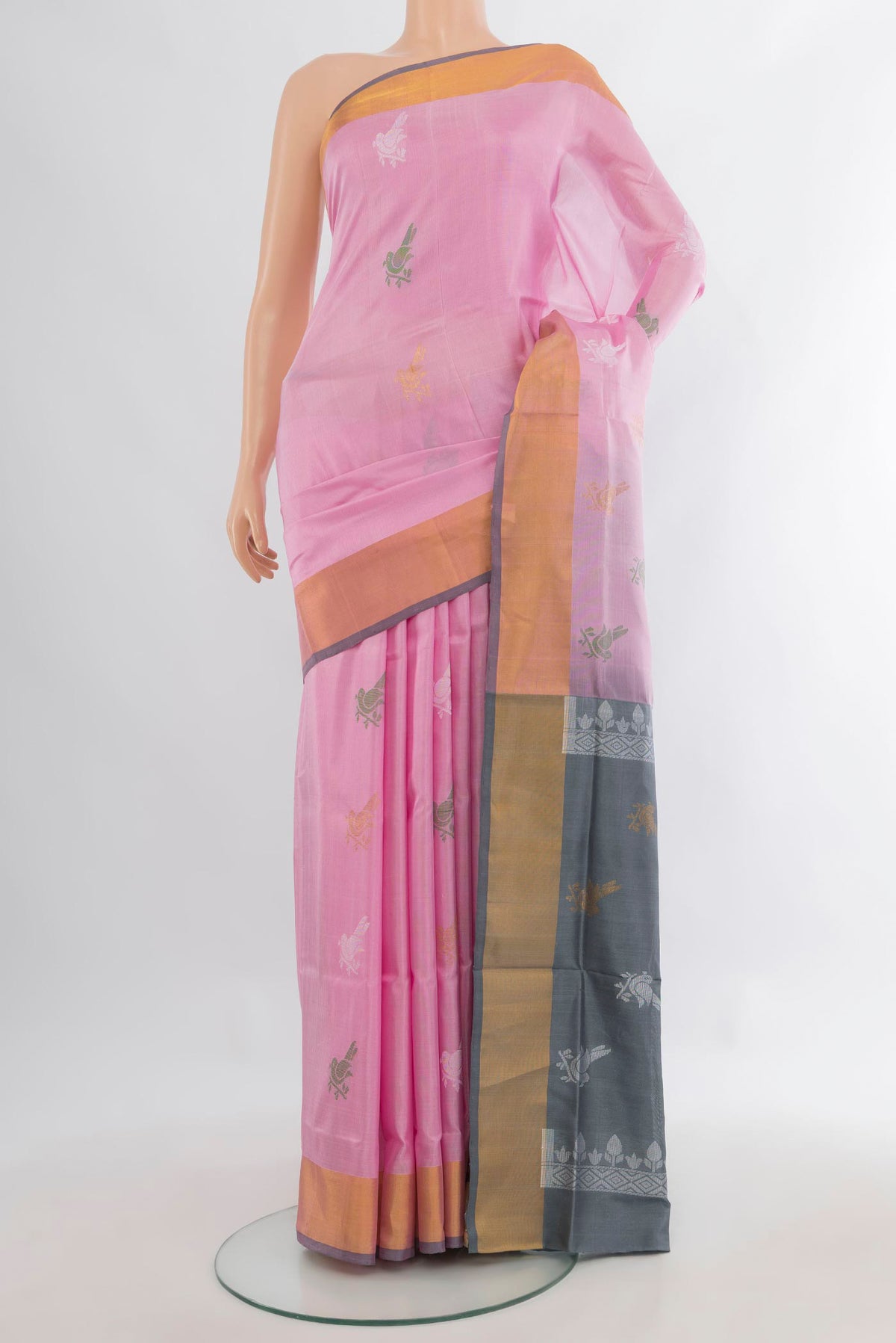 Pure Silk Rose pink Uppada Saree with Zari Butta on the body and Zari Border.  displayed on a mannequin