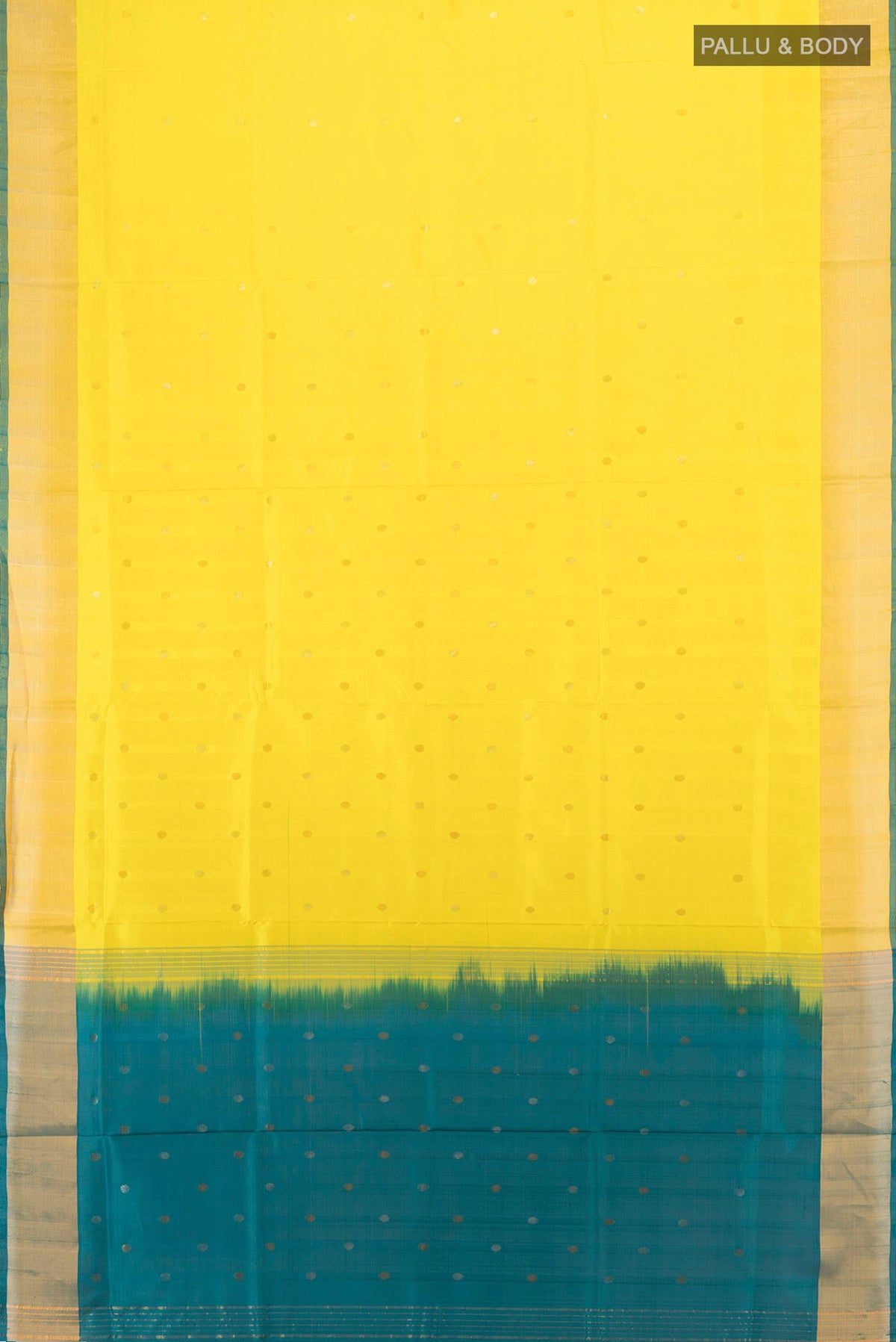 Flat view of Pure Silk Lemon Yellow Uppada Saree with Zari Butta on the body and Zari Border. 