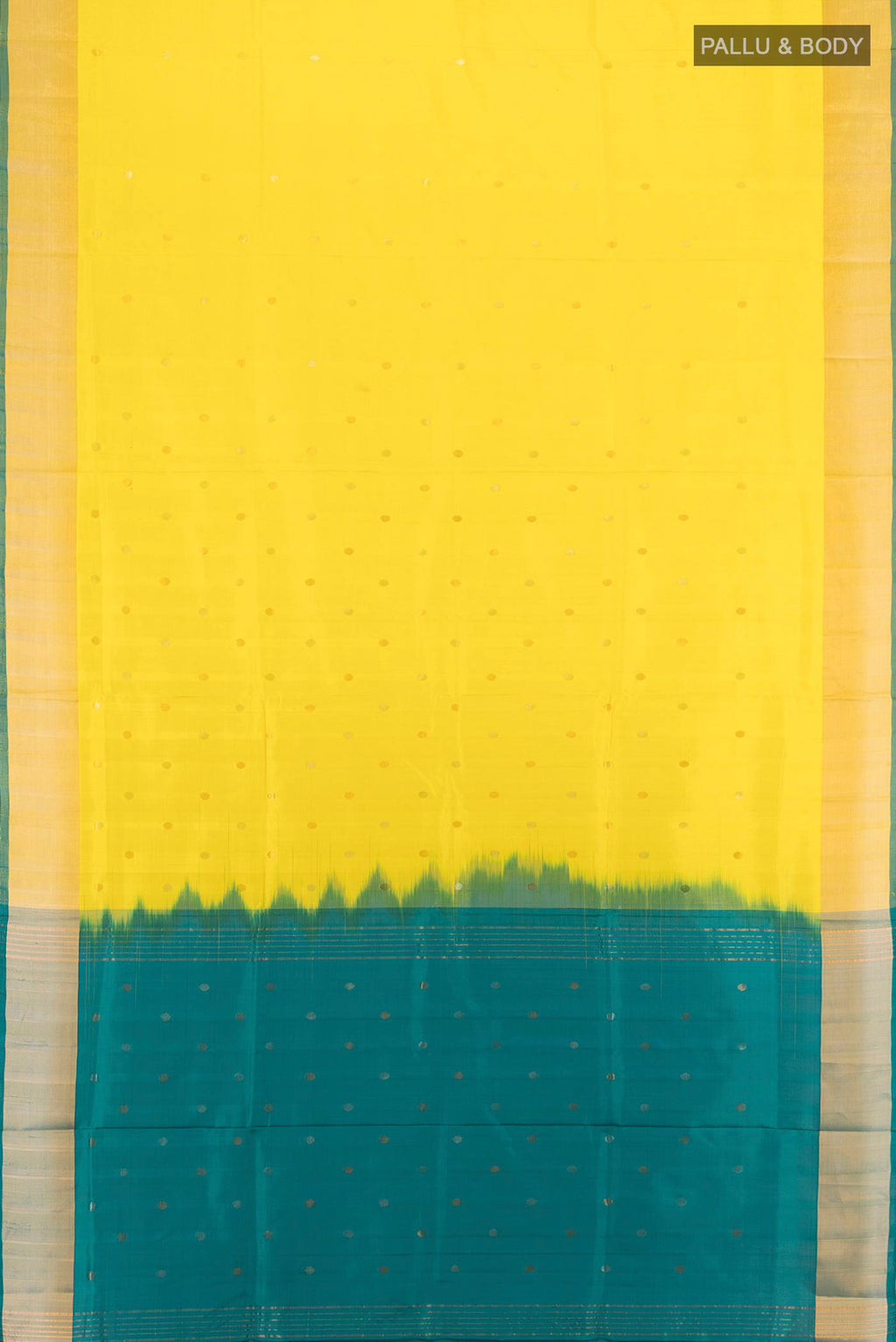Flat view of Pure Silk Yellow Uppada Saree with Zari Butta on the body and Zari Border. 