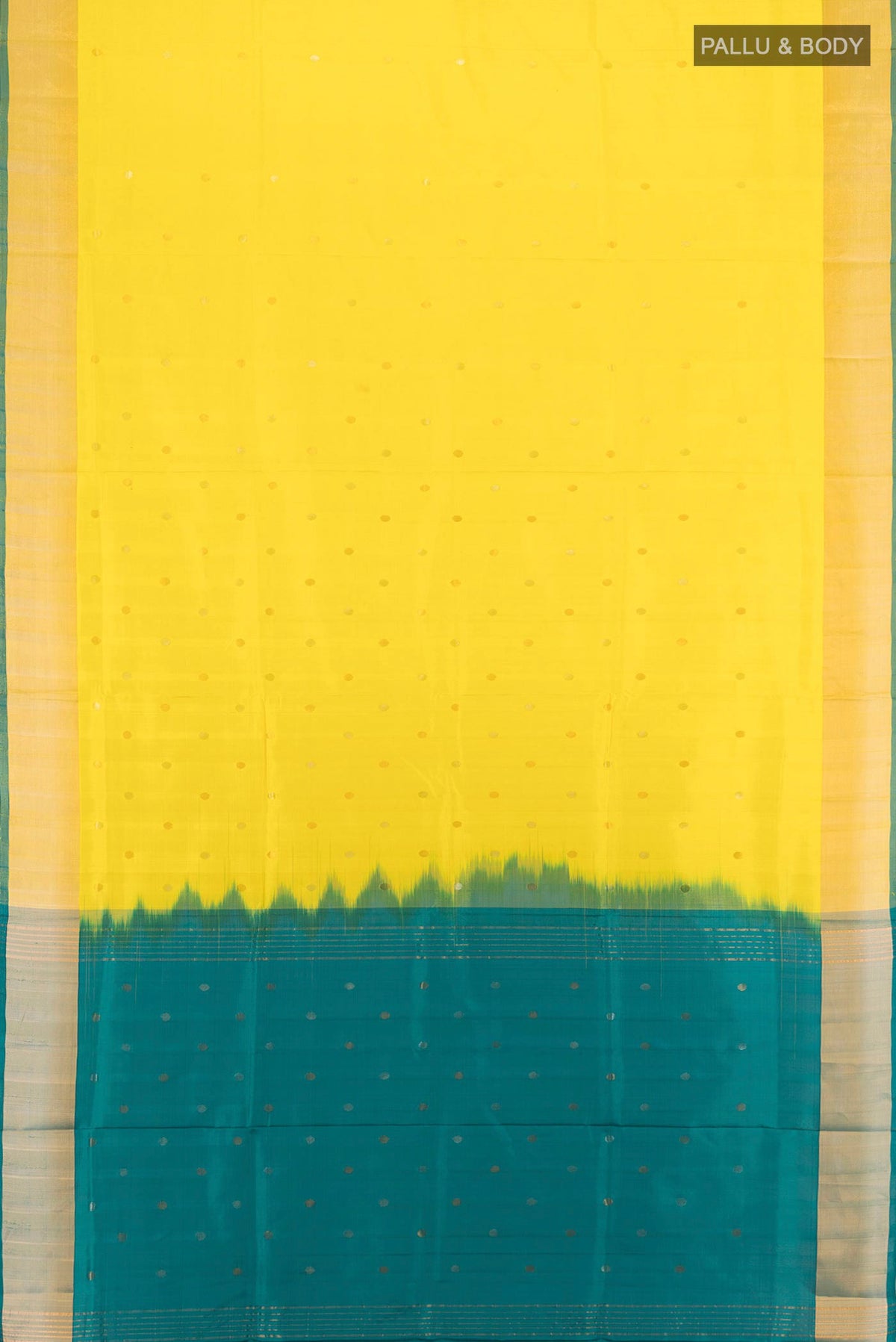 Flat view of Pure Silk Yellow Uppada Saree with Zari Butta on the body and Zari Border. 
