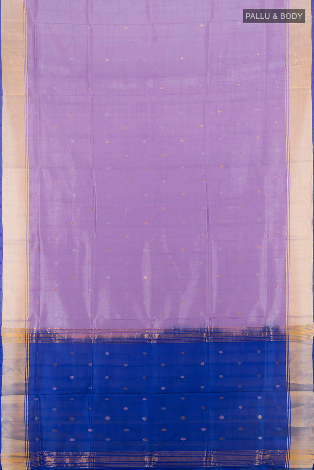 Flat view of Pure Silk Lavender Uppada Saree with Zari Butta on the body and Zari Border. 