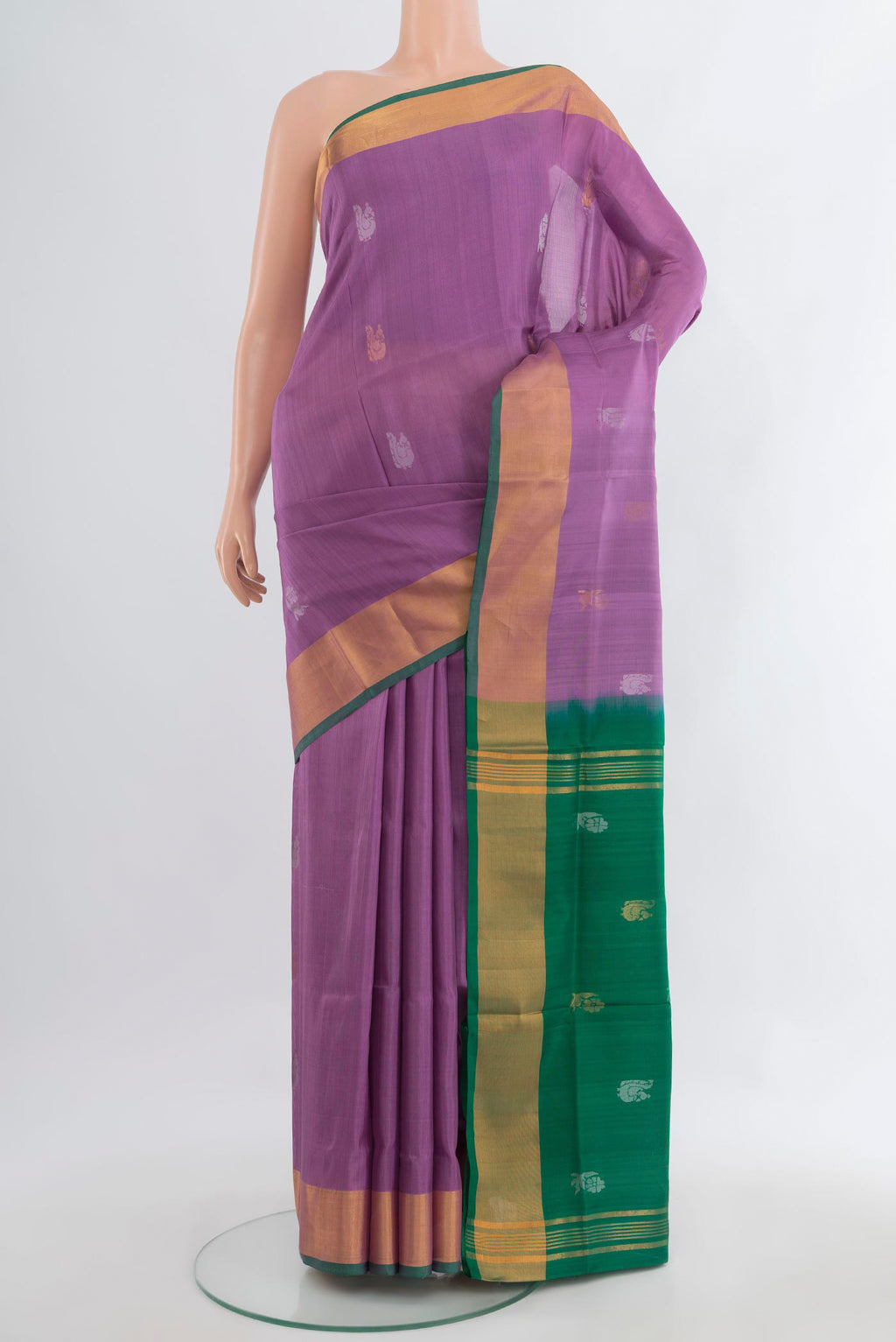 Pure Silk Lavender Uppada Saree with Zari Butta on the body and Zari Border.  displayed on a mannequin
