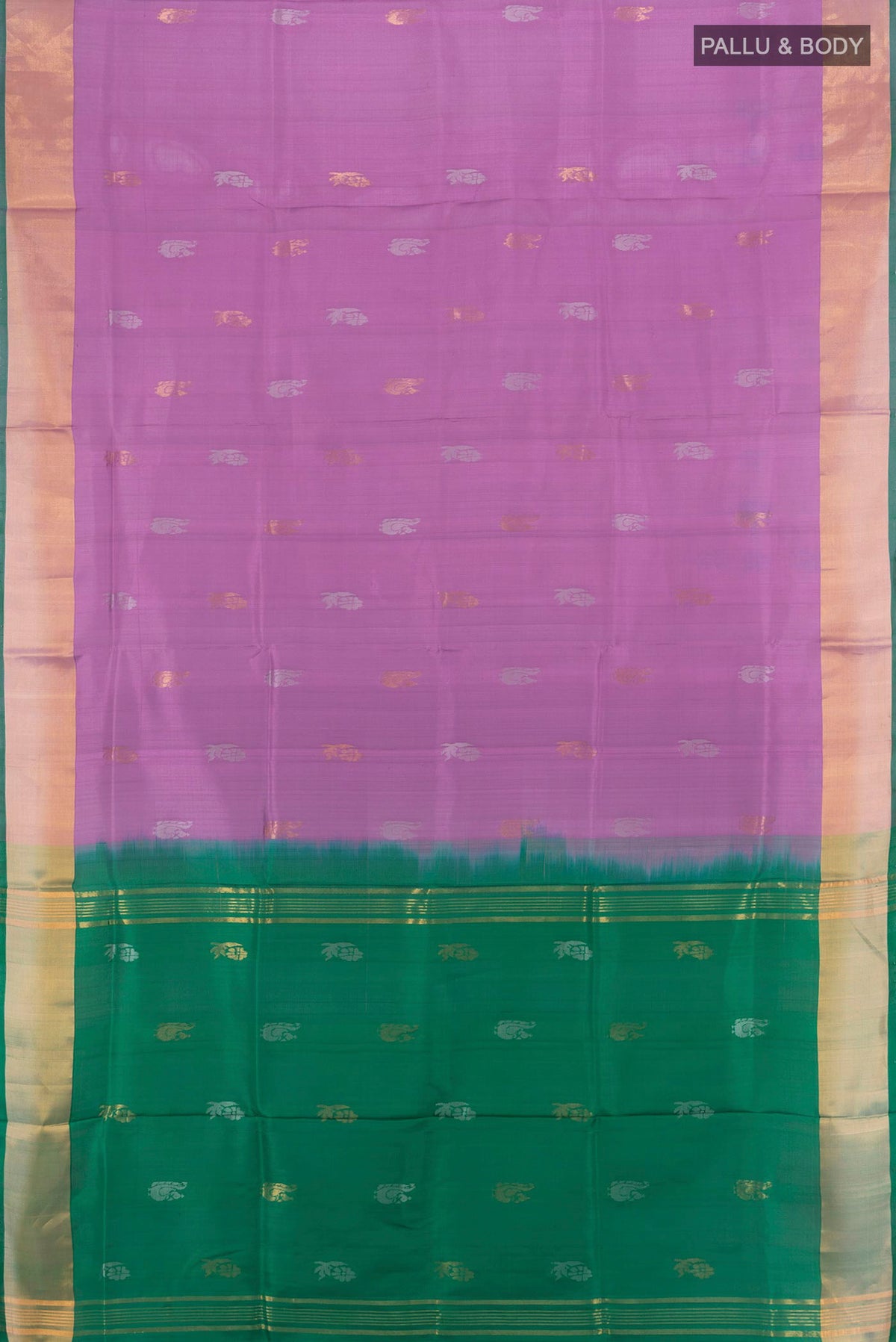 Flat view of Pure Silk Lavender Uppada Saree with Zari Butta on the body and Zari Border. 