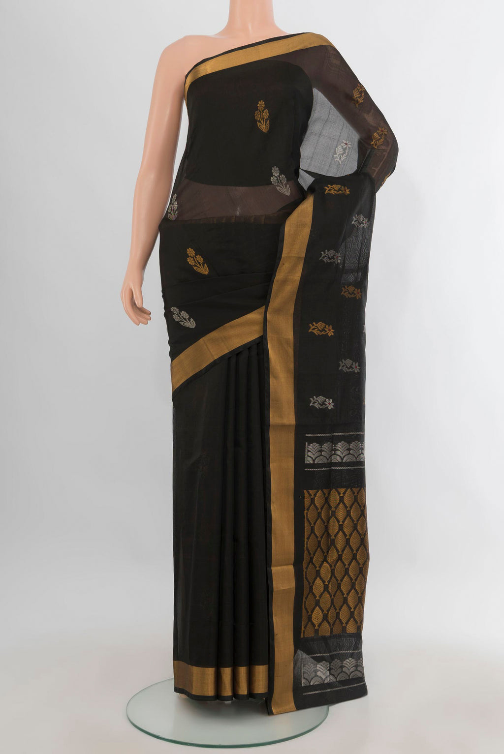 Pure Silk Black Uppada Saree with Zari Butta on the body and Zari Border.  displayed on a mannequin