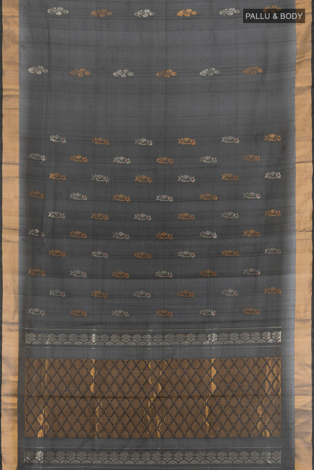 Flat view of Pure Silk Black Uppada Saree with Zari Butta on the body and Zari Border. 