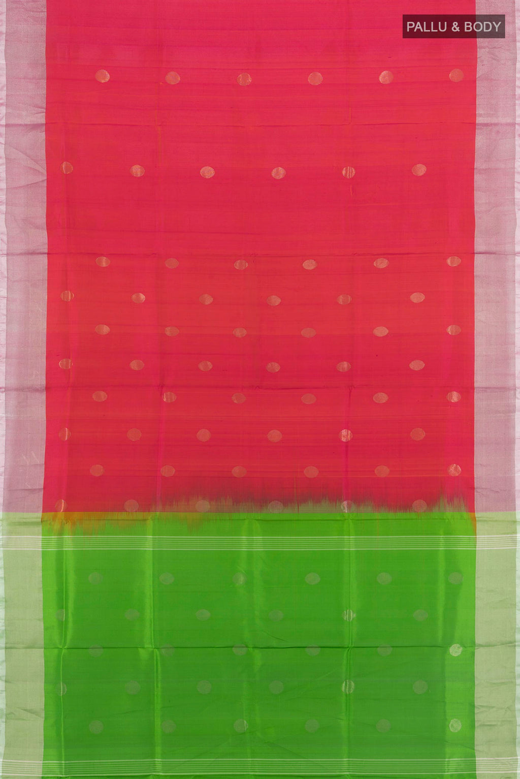 Flat view of Pure Silk Coral Uppada Saree with Zari Butta on the body and Zari Border. 