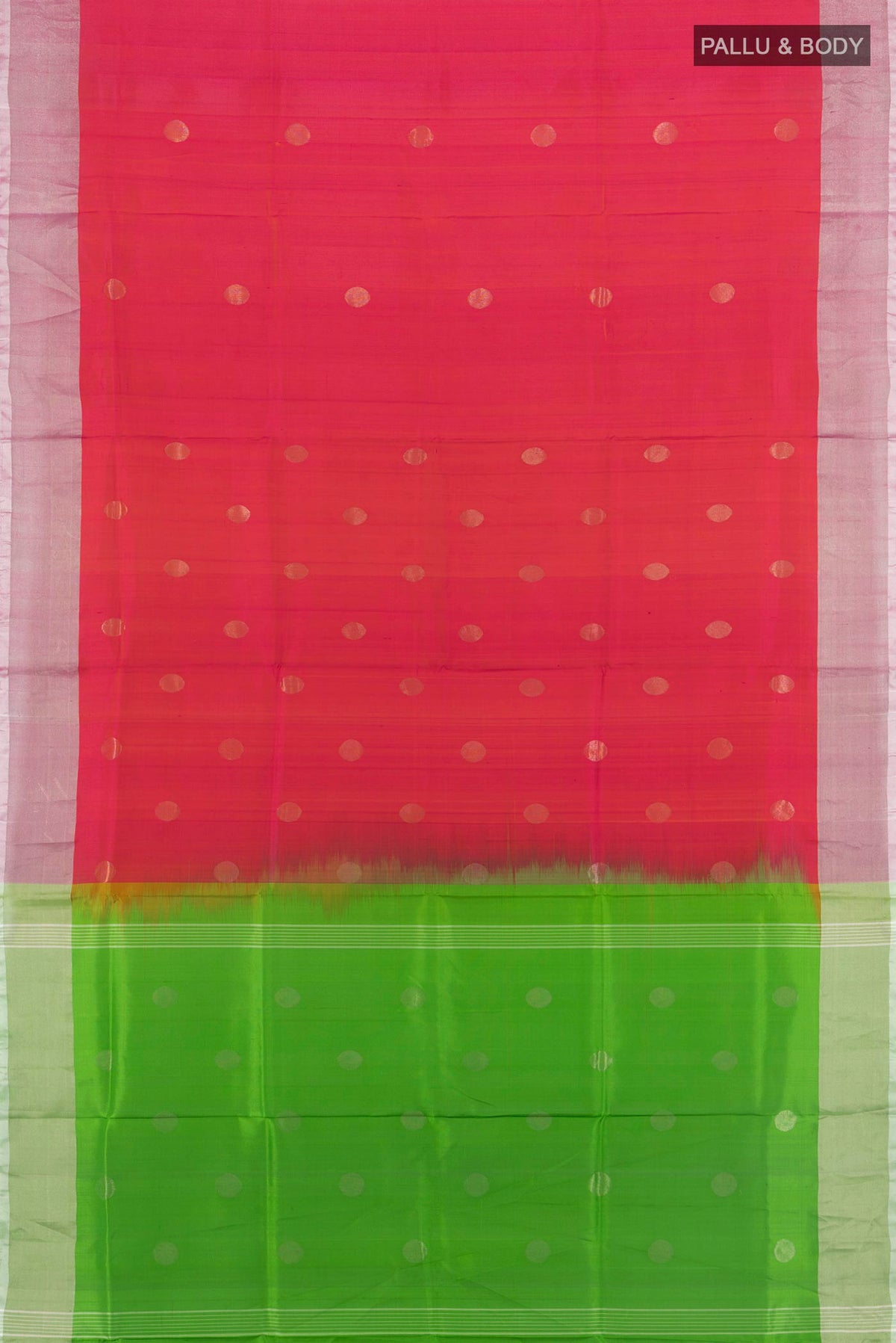 Flat view of Pure Silk Coral Uppada Saree with Zari Butta on the body and Zari Border. 