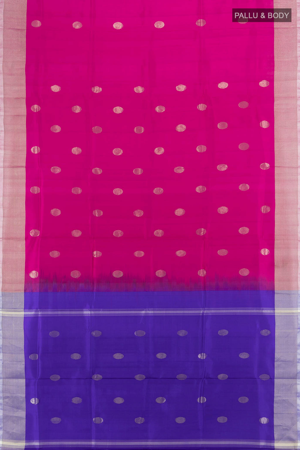 Flat view of Pure Silk Magenta Uppada Saree with Zari Butta on the body and Silk Border. 