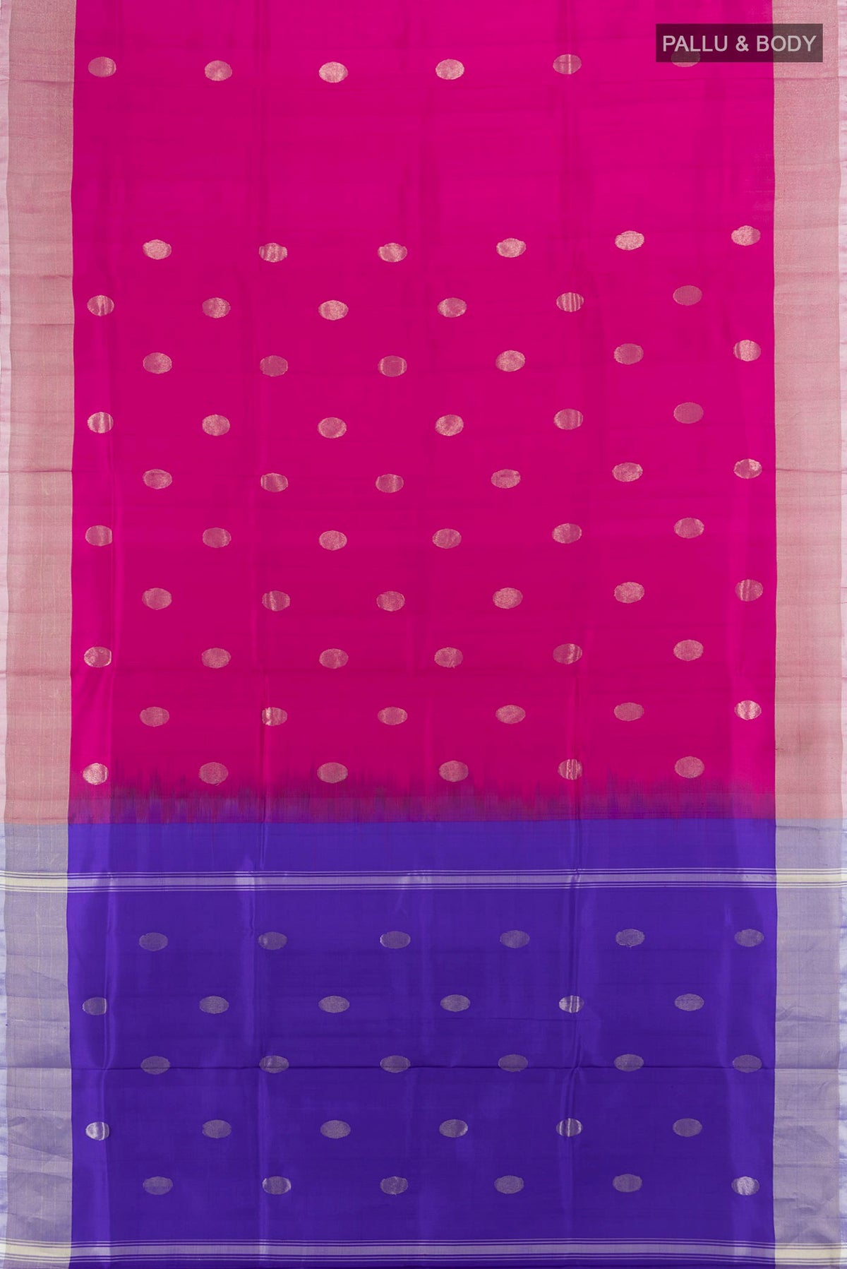 Flat view of Pure Silk Magenta Uppada Saree with Zari Butta on the body and Silk Border. 