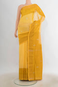 Pure Silk Yellow Uppada Saree with Zari Butta on the body and Zari Border.  displayed on a mannequin