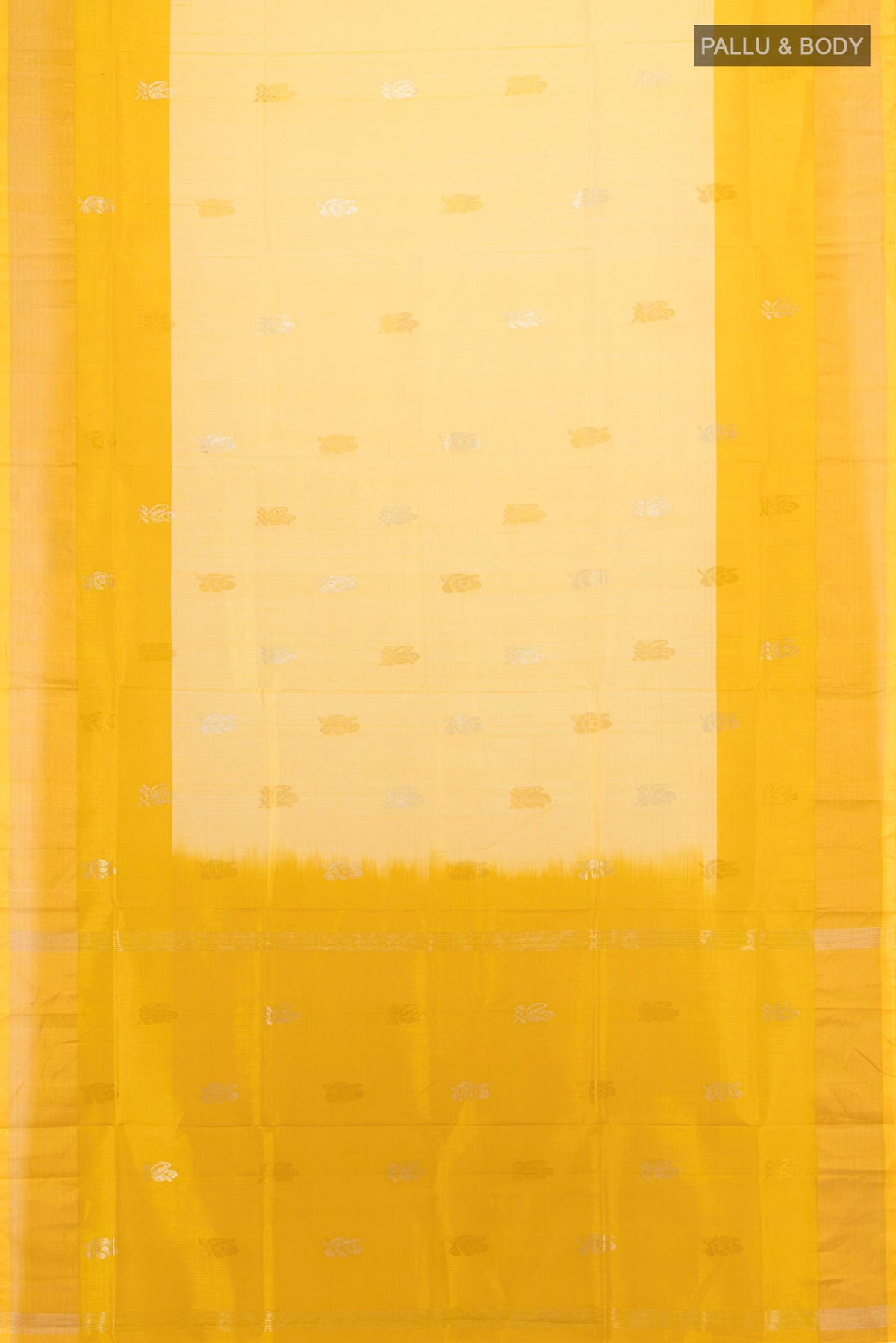 Flat view of Pure Silk Yellow Uppada Saree with Zari Butta on the body and Zari Border. 
