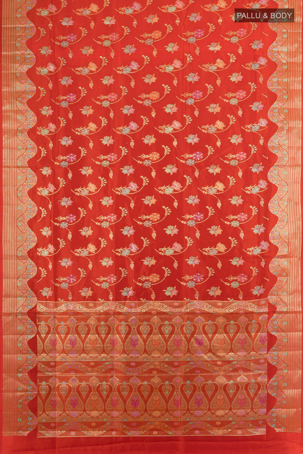 Flat view of Pure Silk Red Banarasi Raw Saree with Zari Butta on the body and Zari Border. 