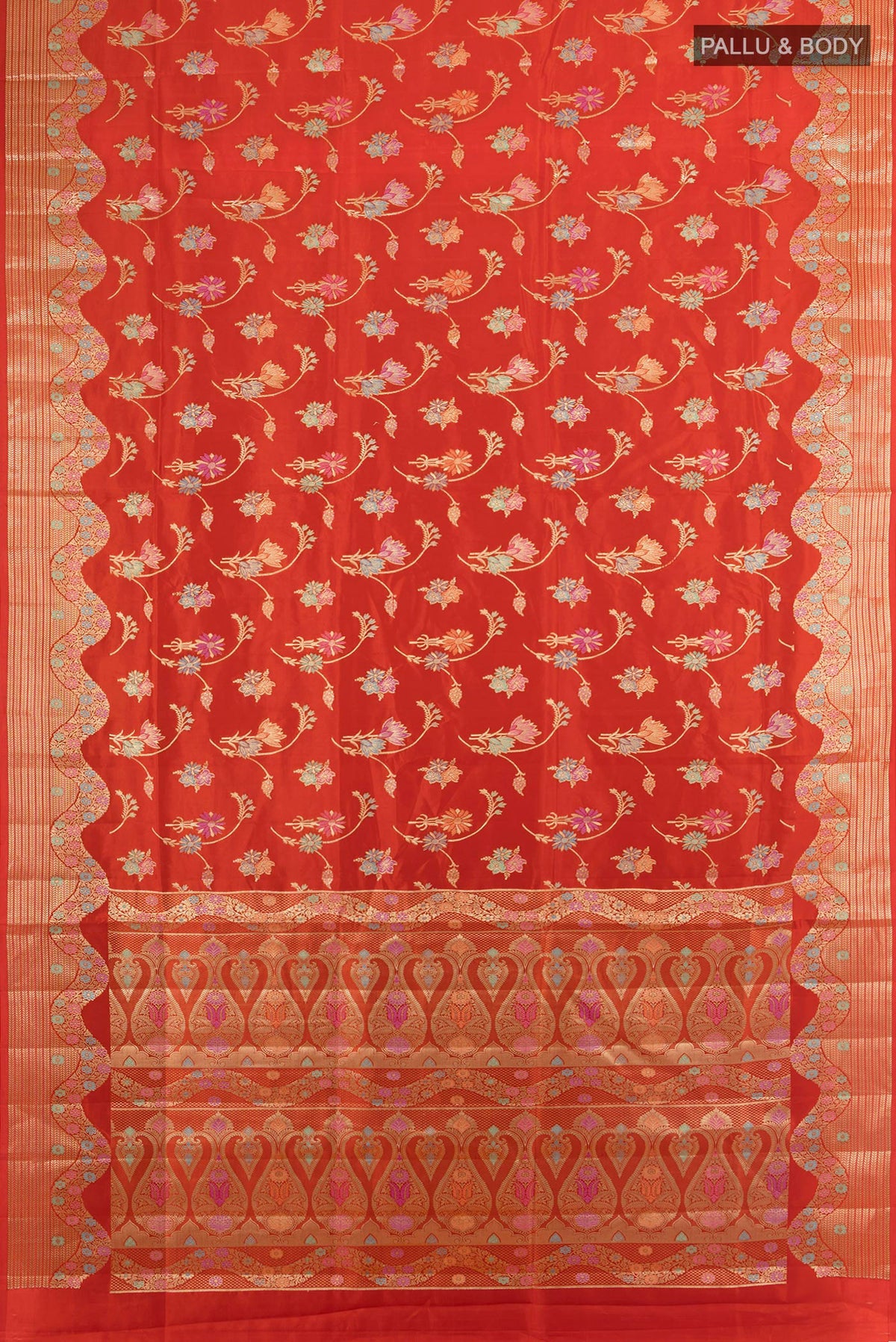 Flat view of Pure Silk Red Banarasi Raw Saree with Zari Butta on the body and Zari Border. 