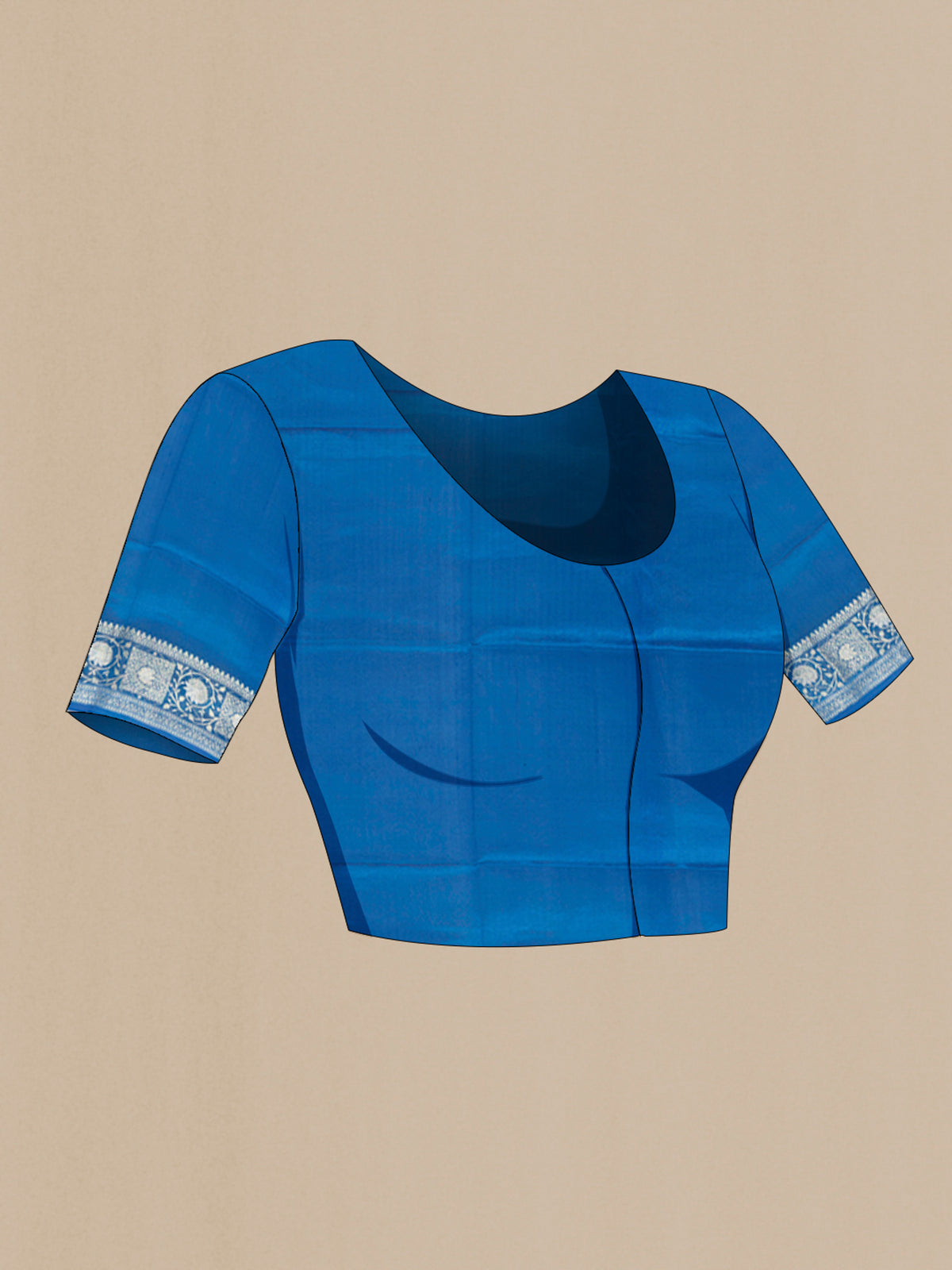 Close up image of the blouse of Pure Silk Light Blue Banarasi Raw Saree with Zari Butta on the body and Zari Border. 