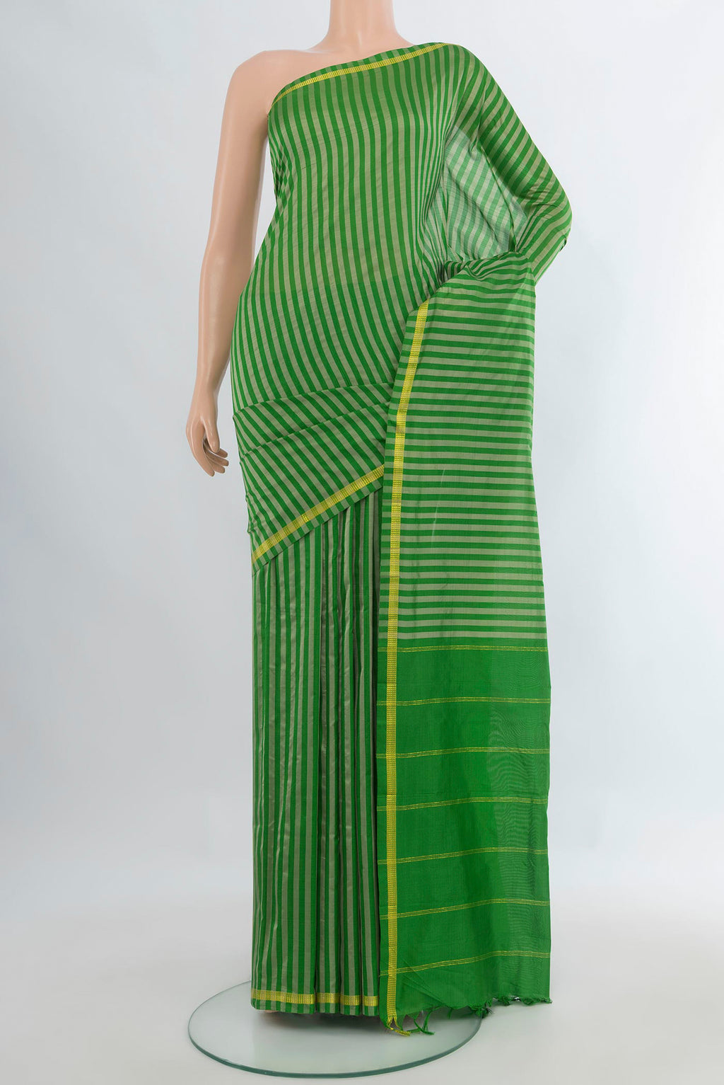 Pure Silk Green Kanchipuram Saree with Stripes on the body and Zari Border.  displayed on a mannequin