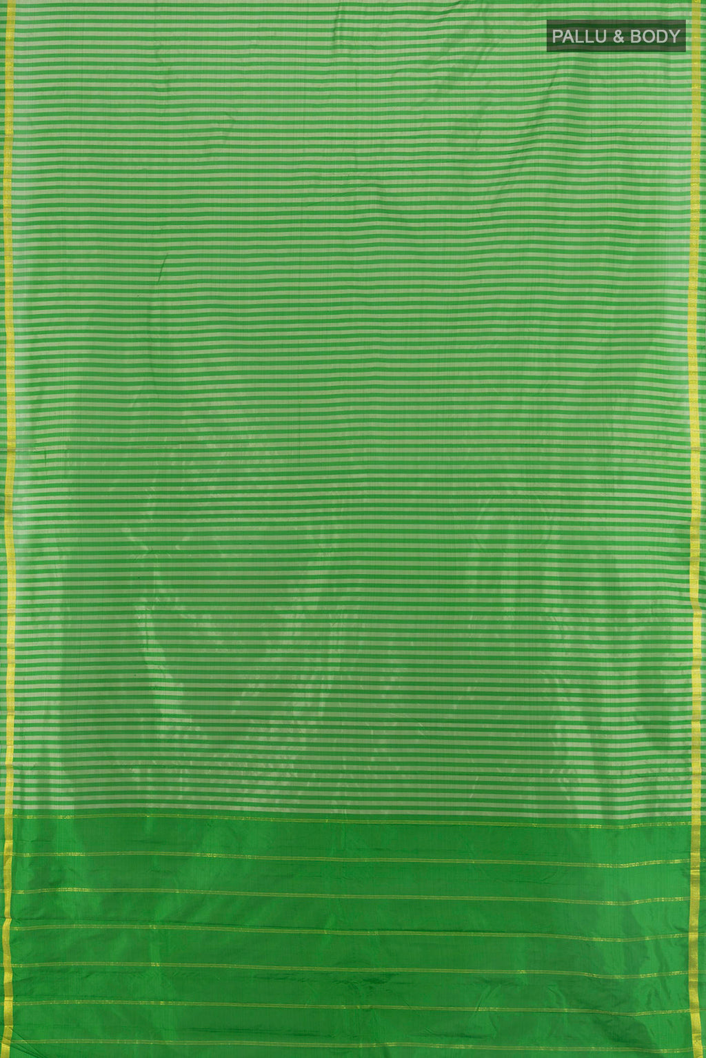 Flat view of Pure Silk Green Kanchipuram Saree with Stripes on the body and Zari Border. 