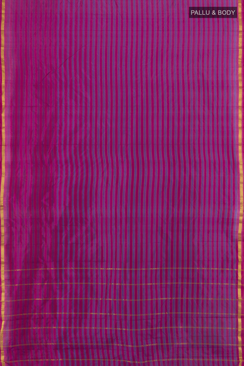 Flat view of Pure Silk Magenta Kanchipuram Saree with Stripes on the body and Zari Border. 