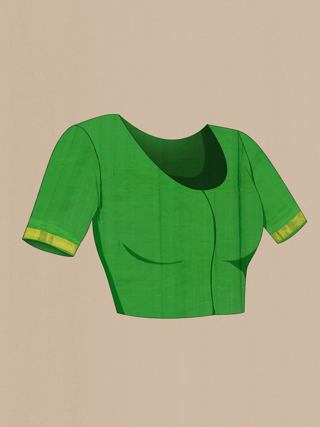 Close up image of the blouse of Pure Silk Green Kanjivaram Saree with Plain Body and Zari Border. 