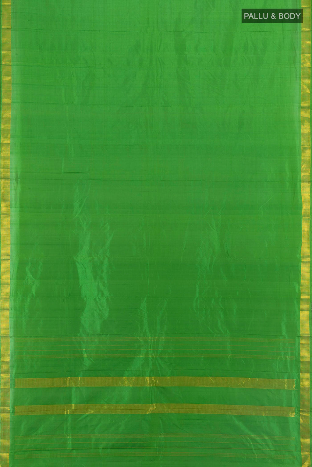 Flat view of Pure Silk Green Kanjivaram Saree with Plain Body and Zari Border. 