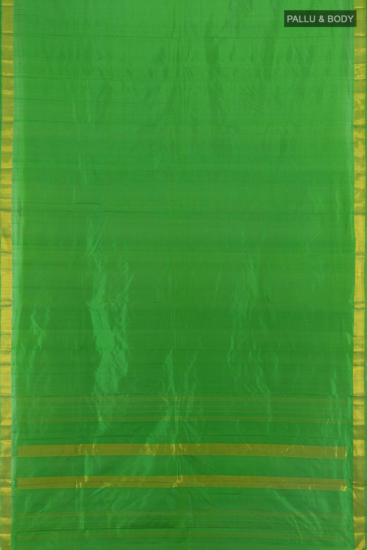 Flat view of Pure Silk Green Kanjivaram Saree with Plain Body and Zari Border. 