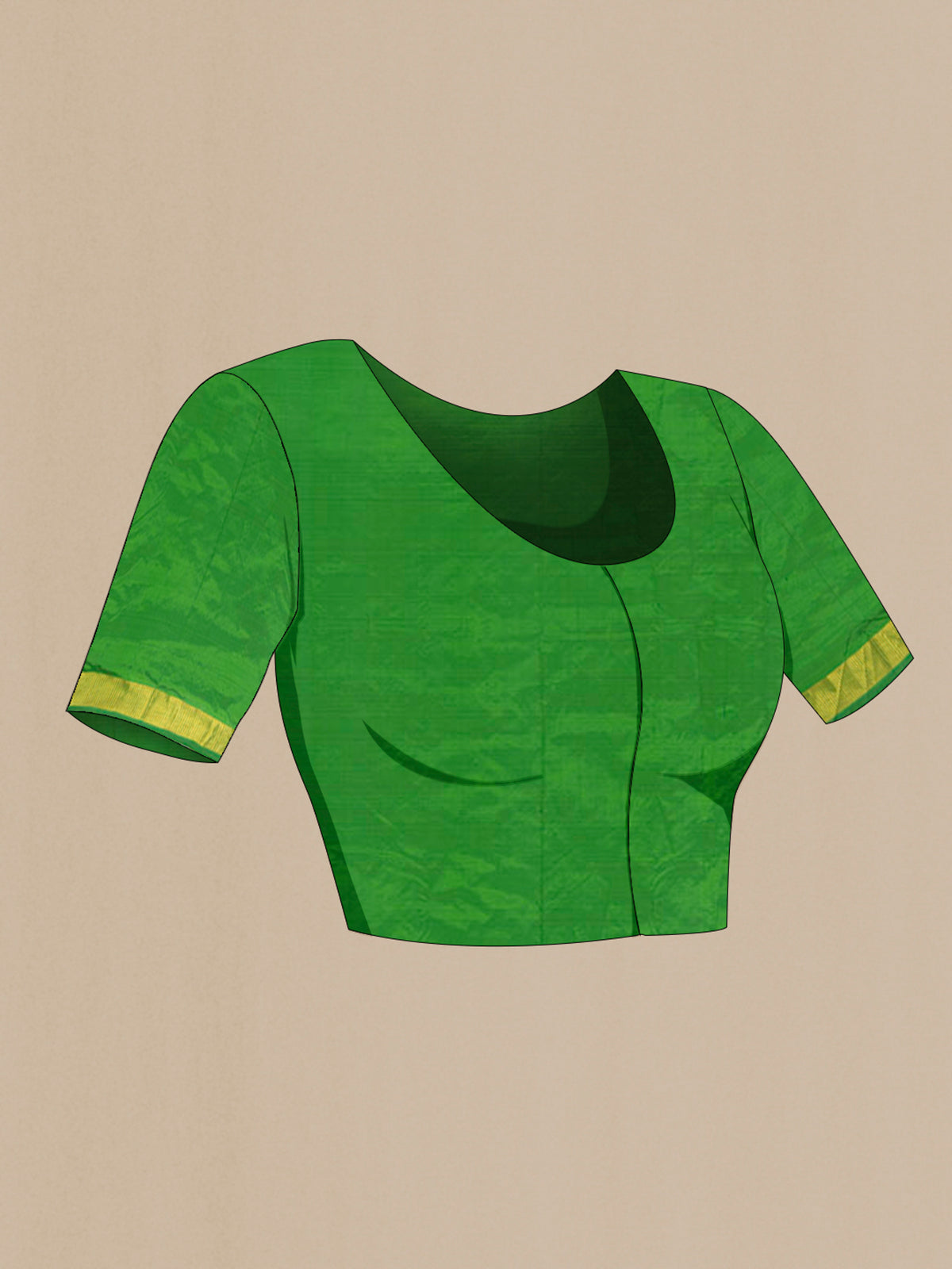 Close up image of the blouse of Pure Silk Green Kanjivaram Saree with Plain Body and Zari Border. 