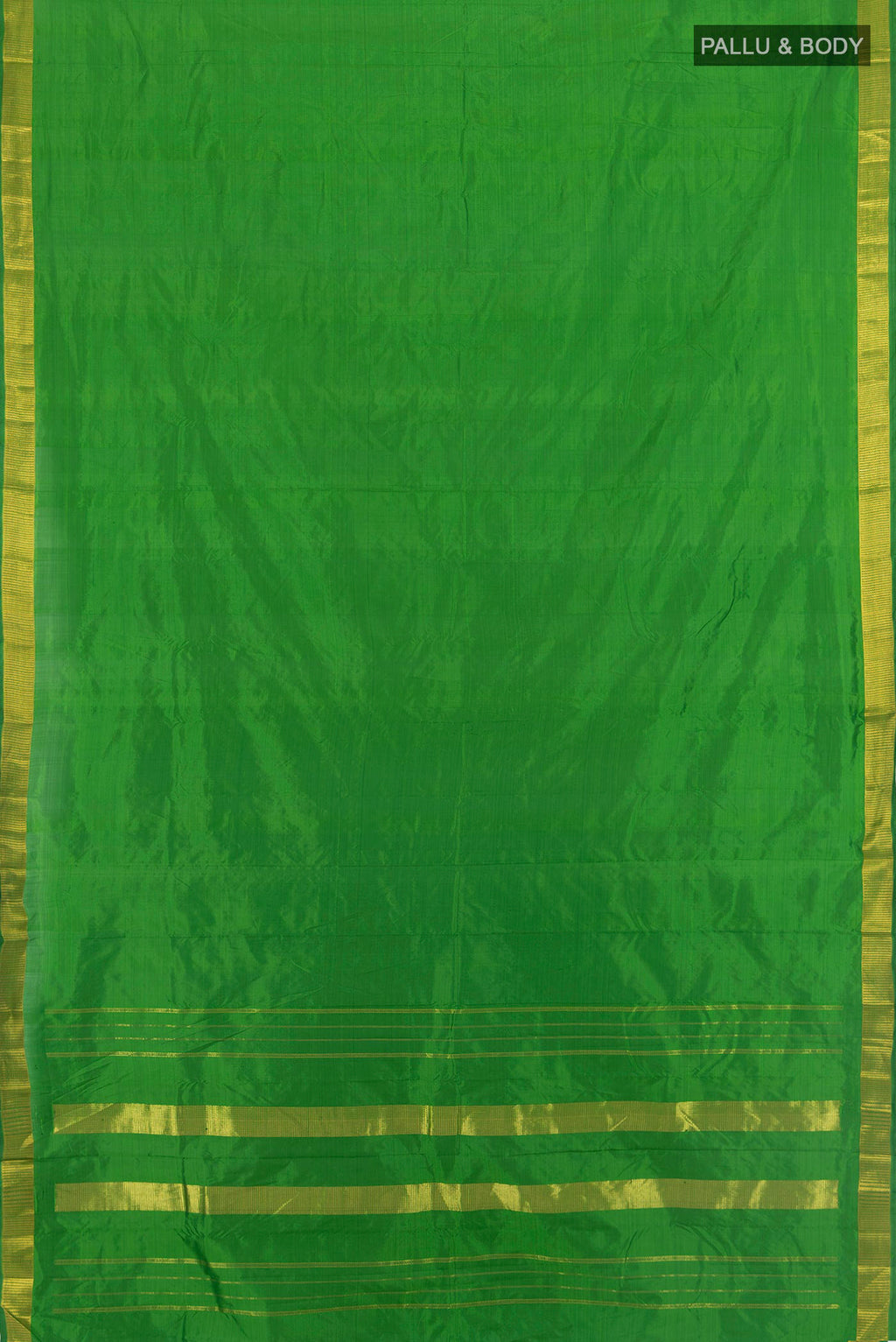 Flat view of Pure Silk Green Kanjivaram Saree with Plain Body and Zari Border. 