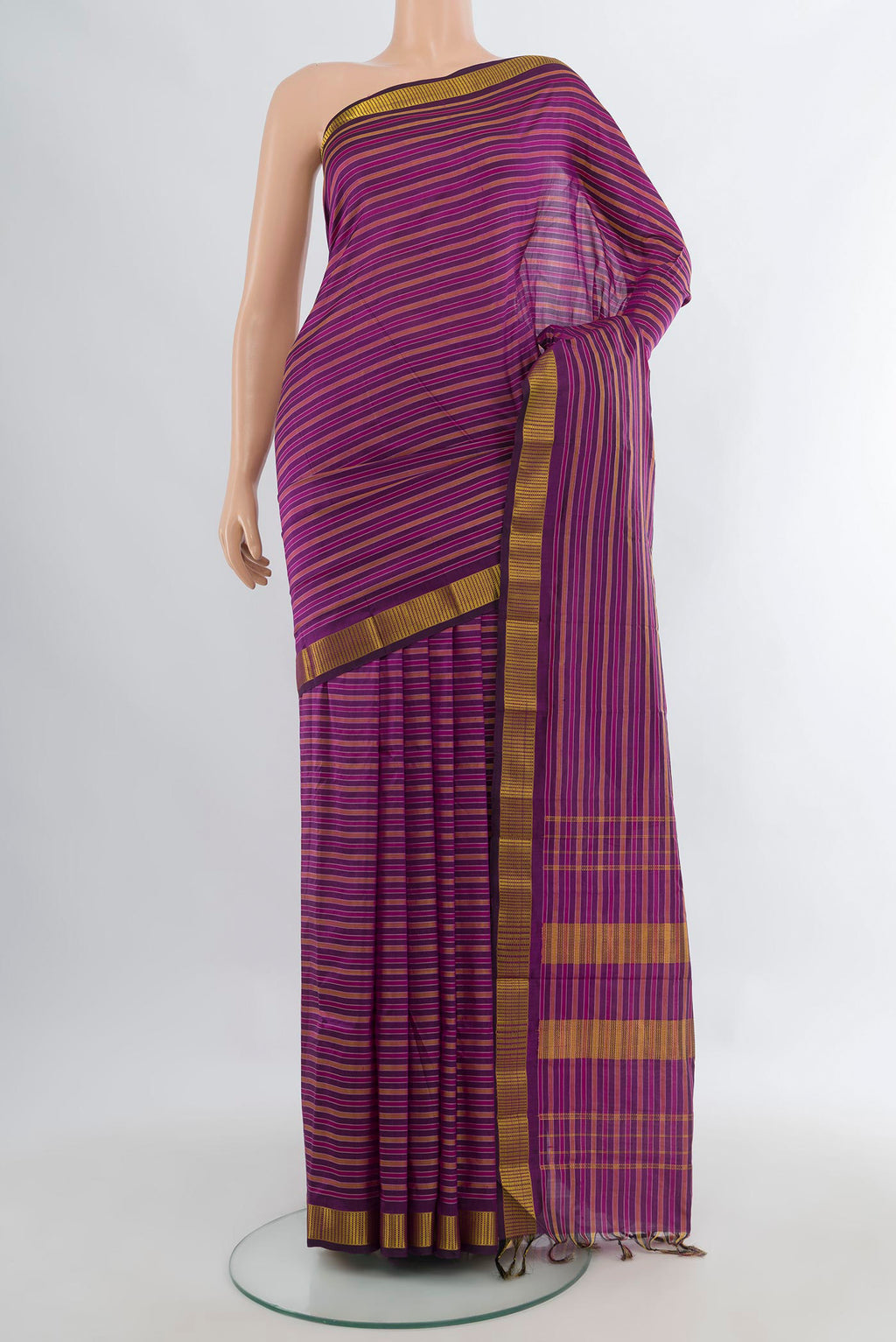 Pure Silk Purple Kanjivaram Saree with Stripes on the body and Zari Border.  displayed on a mannequin