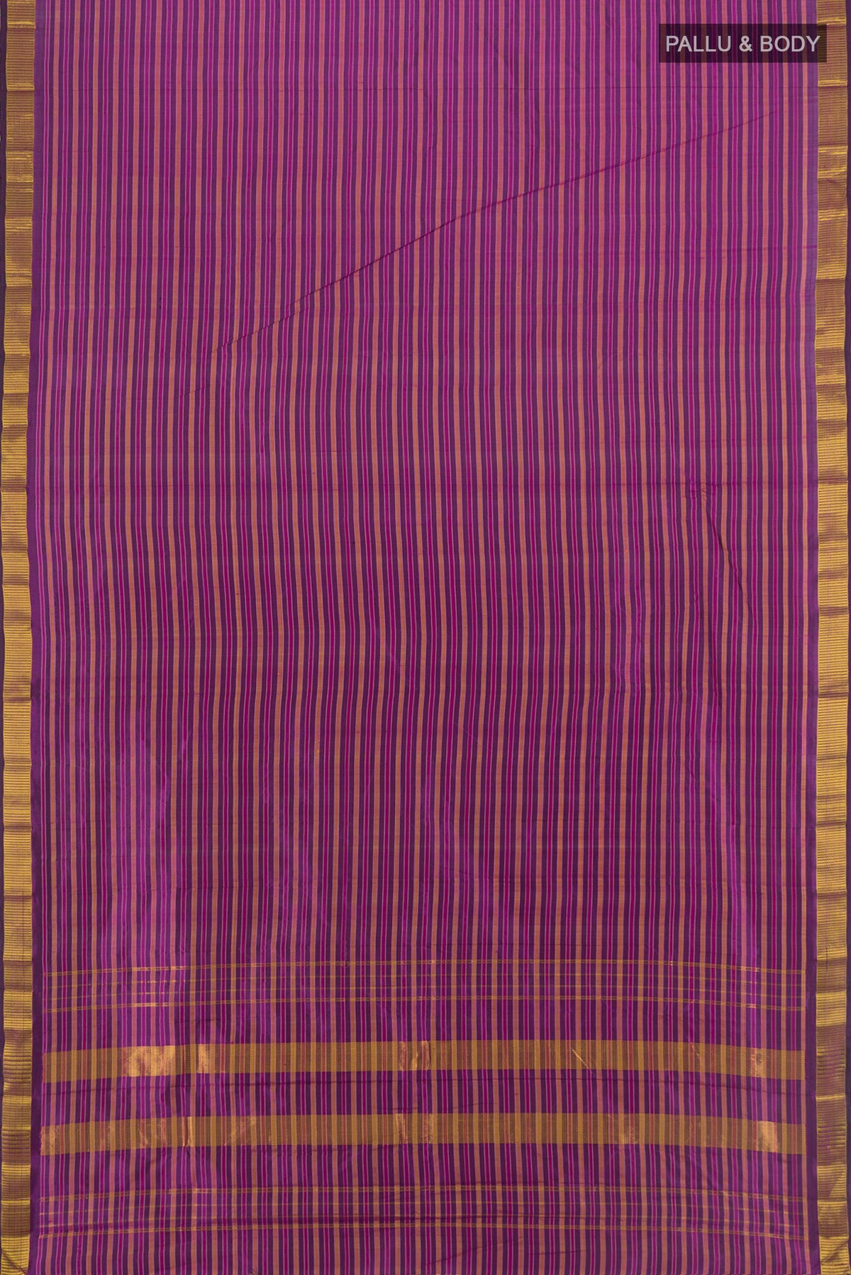 Flat view of Pure Silk Purple Kanjivaram Saree with Stripes on the body and Zari Border. 