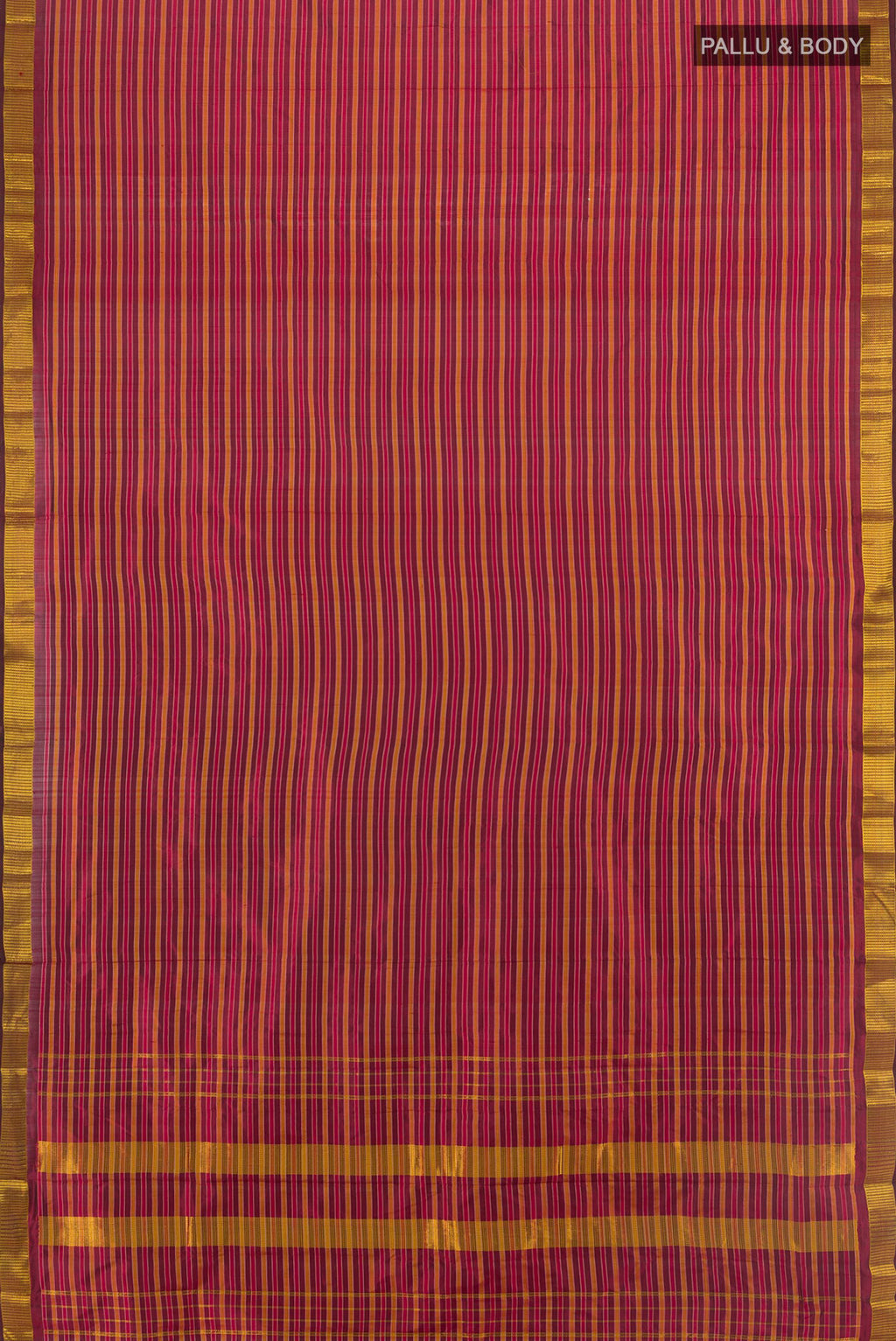 Flat view of Pure Silk Maroon Kanjivaram Saree with Stripes on the body and Zari Border. 