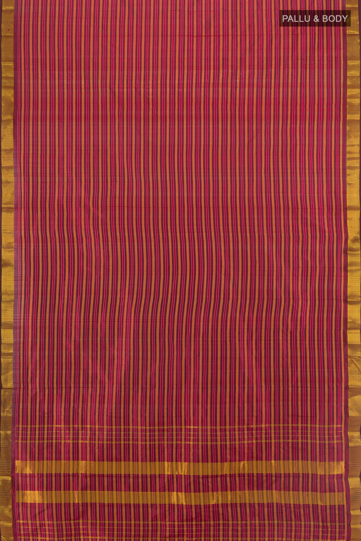 Flat view of Pure Silk Maroon Kanjivaram Saree with Stripes on the body and Zari Border. 