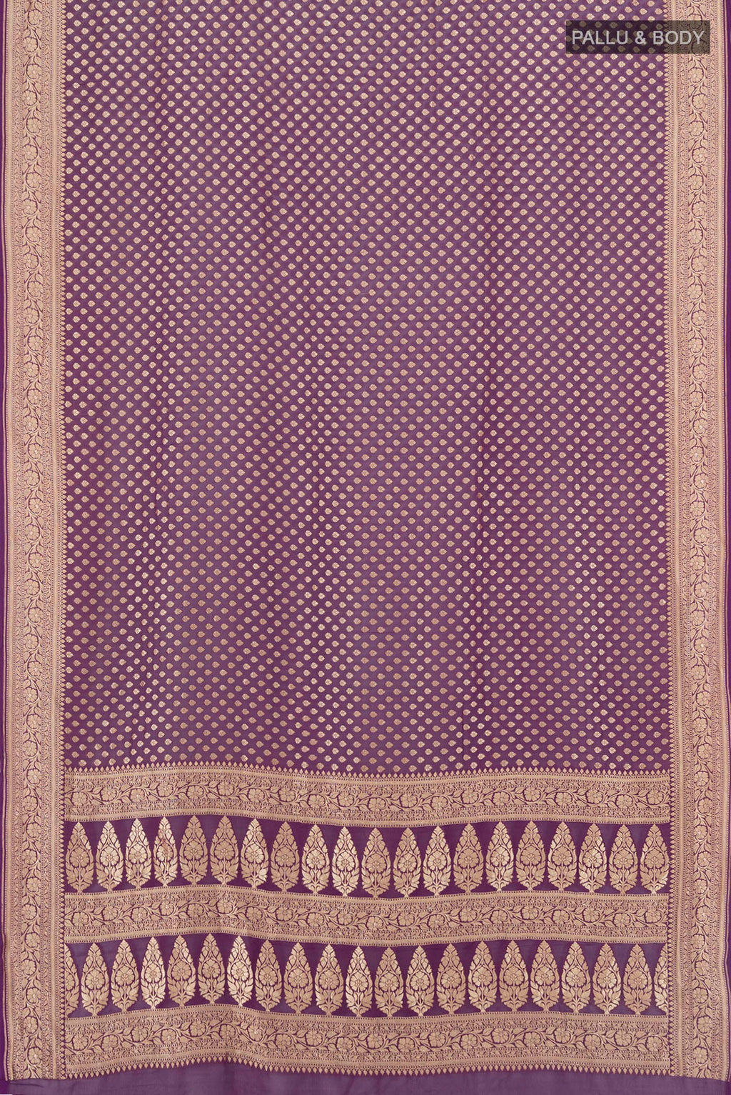 Flat view of Violet Banarasi Georgette Saree with Zari Butta on the body and Zari Border. 