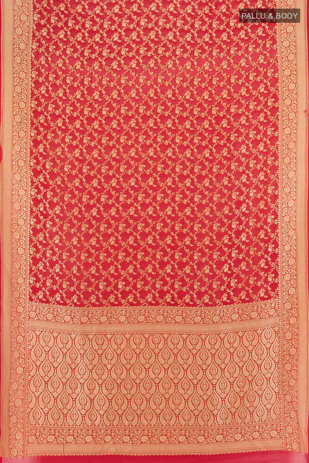 Flat view of Red Banarasi Georgette Saree with Zari Brocade on the body and Zari Border. 