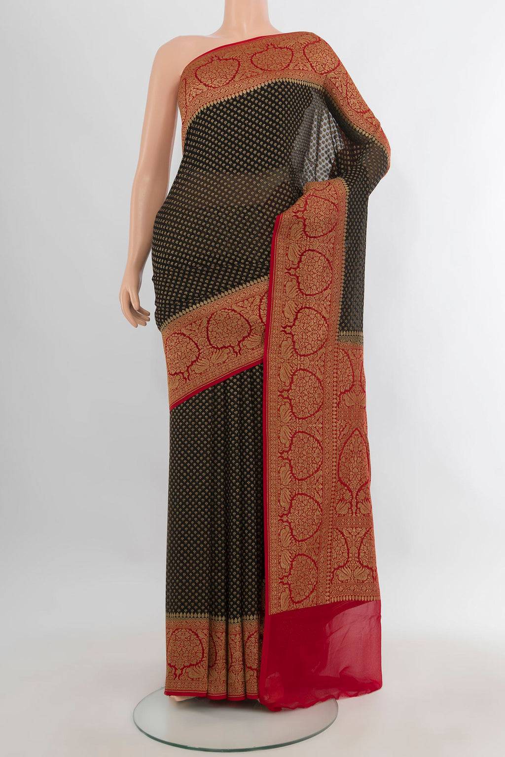 Black Banarasi Georgette Saree with Zari Butta on the body and Zari Border.  displayed on a mannequin