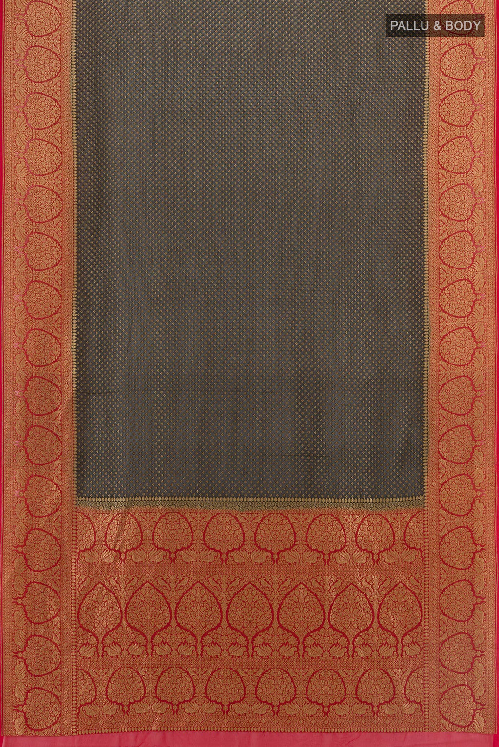 Flat view of Black Banarasi Georgette Saree with Zari Butta on the body and Zari Border. 