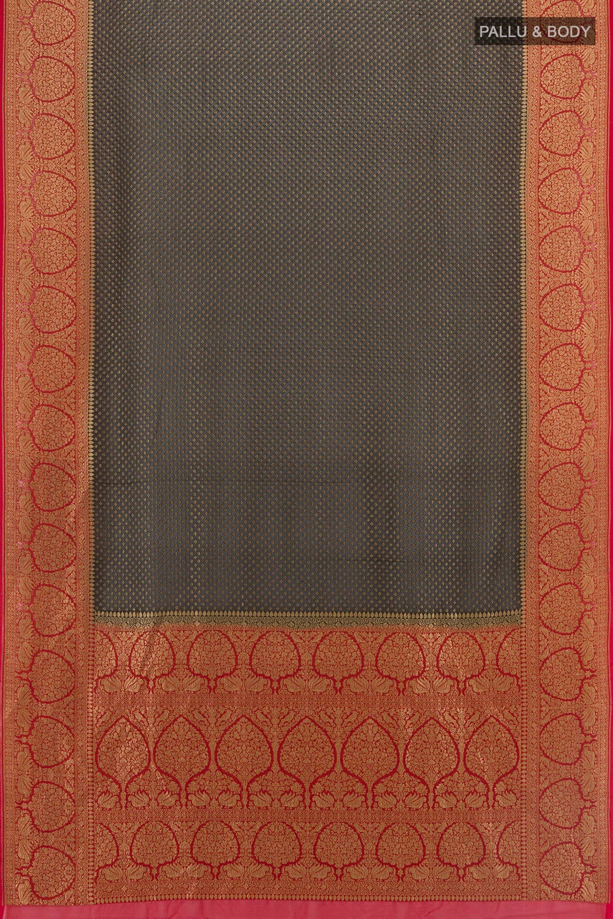Flat view of Black Banarasi Georgette Saree with Zari Butta on the body and Zari Border. 